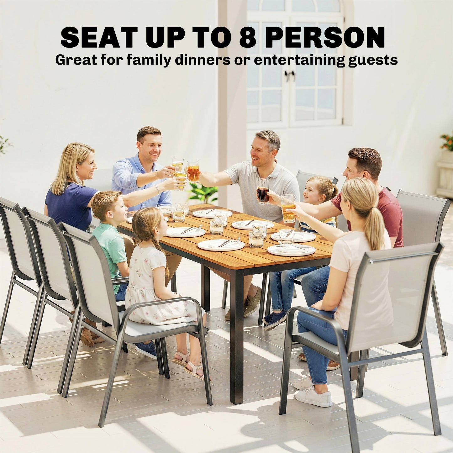Garden Dining Table for 6-8 Person, 180 x 86 cm Rectangular Outdoor Dining Table with Wood Slatted Top and Steel Frame, All Weather Patio Furniture for Balcony, Porch, Teak