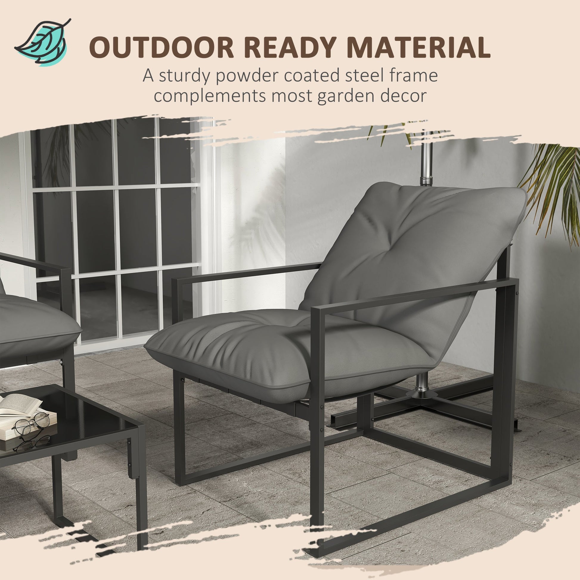 4 Piece Garden Sofa Set 2 Single Armchair, Loveseat and Coffee Table Set Steel Frame Patio Furniture with Thick Cushions, Grey