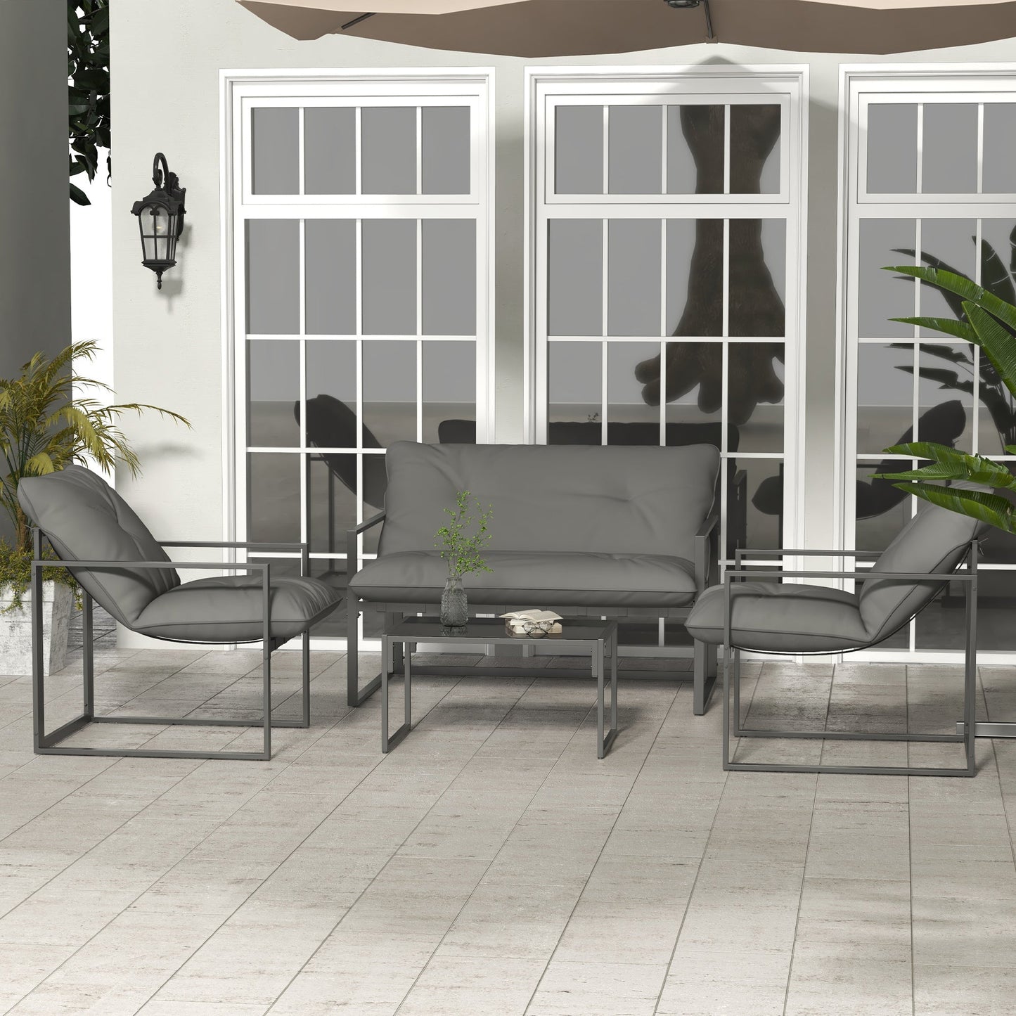 4 Piece Garden Sofa Set 2 Single Armchair, Loveseat and Coffee Table Set Steel Frame Patio Furniture with Thick Cushions, Grey