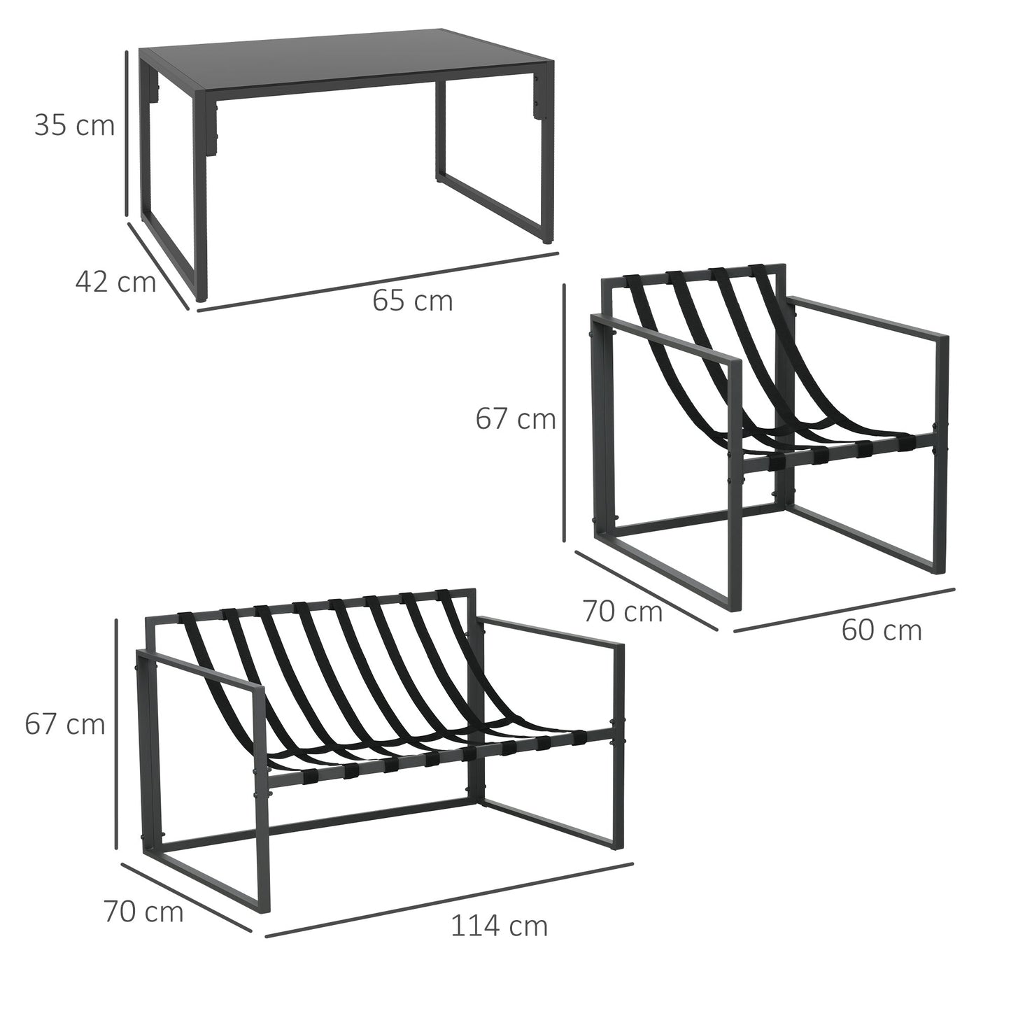 4 Piece Garden Sofa Set 2 Single Armchair, Loveseat and Coffee Table Set Steel Frame Patio Furniture with Thick Cushions, Grey