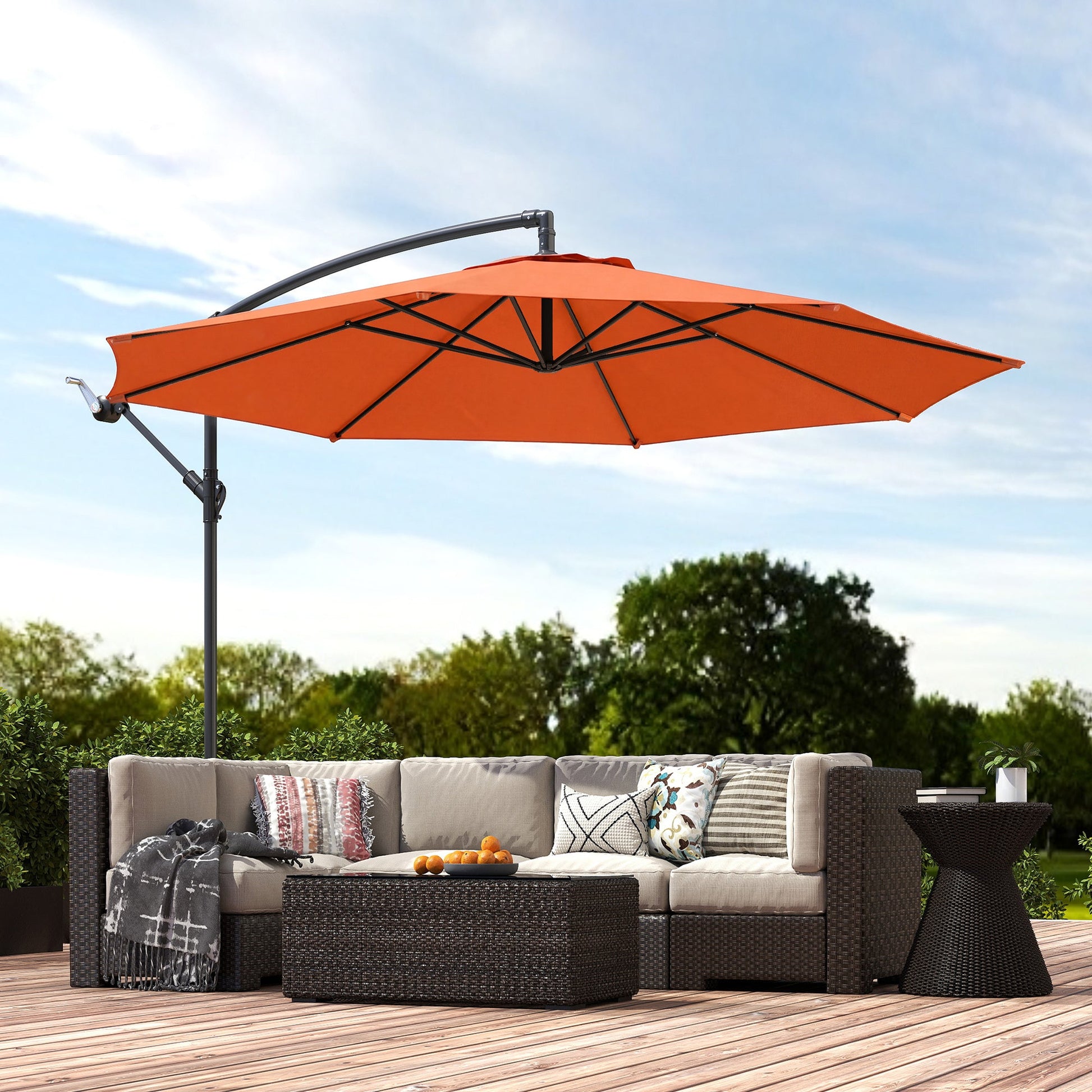 3(m) Garden Banana Parasol Hanging Cantilever Umbrella with Crank Handle, 8 Ribs and Cross Base for Outdoor, Sun Shade, Orange