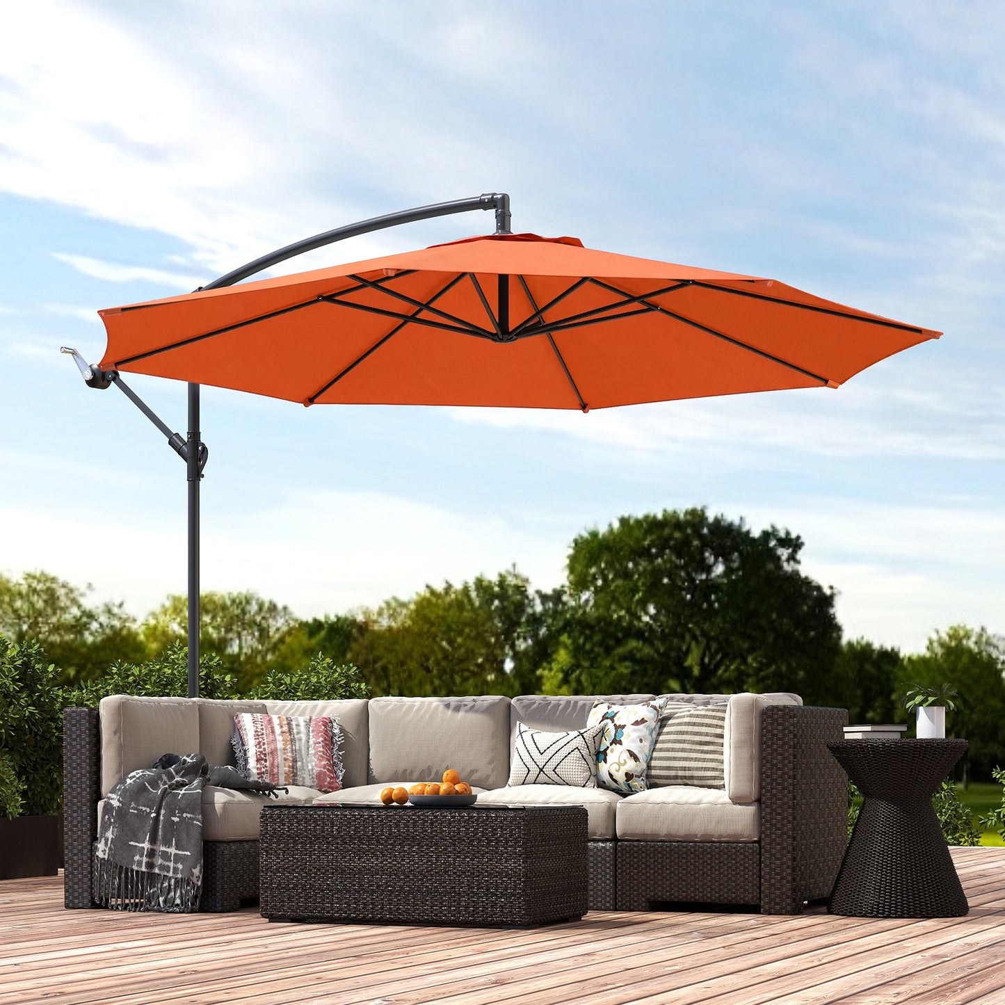 3(m) Garden Banana Parasol Hanging Cantilever Umbrella with Crank Handle, 8 Ribs and Cross Base for Outdoor, Sun Shade, Orange