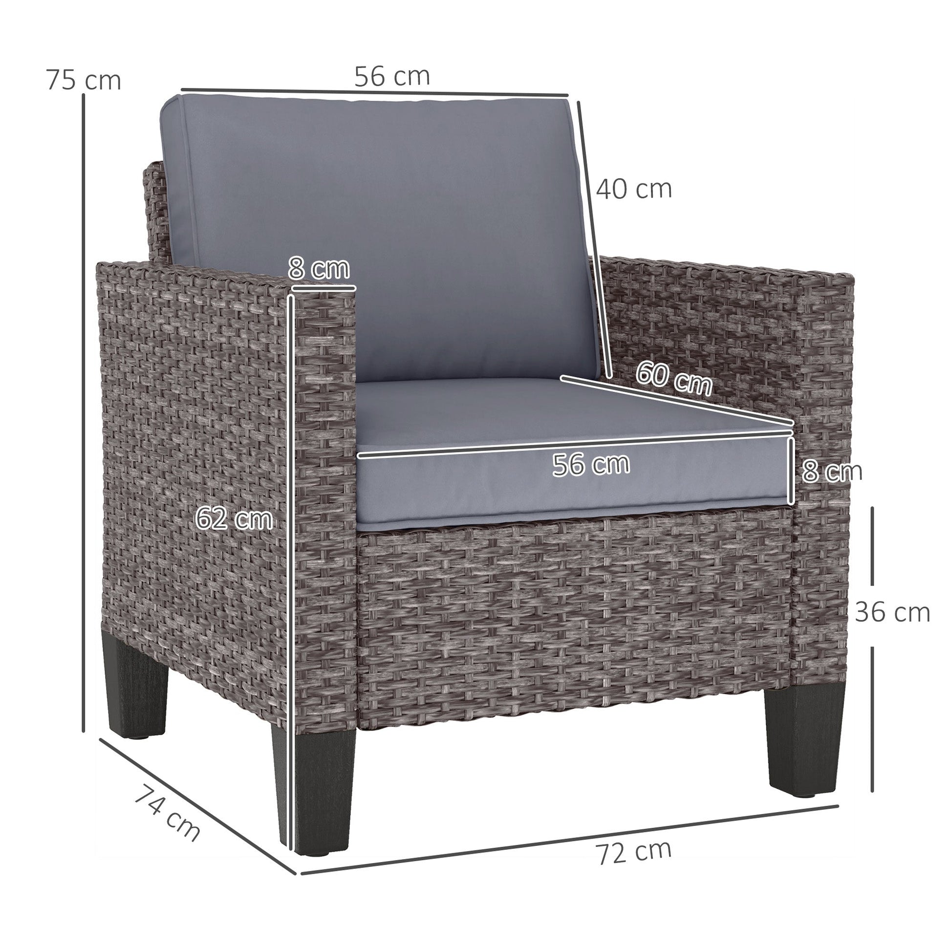 Single Seater Rattan Garden Armchair, PE Wicker Rattan Chair with Armrests and Cushions, Garden Chair with Galvanised Steel Frame for Conservatory, Porch, Dark Grey