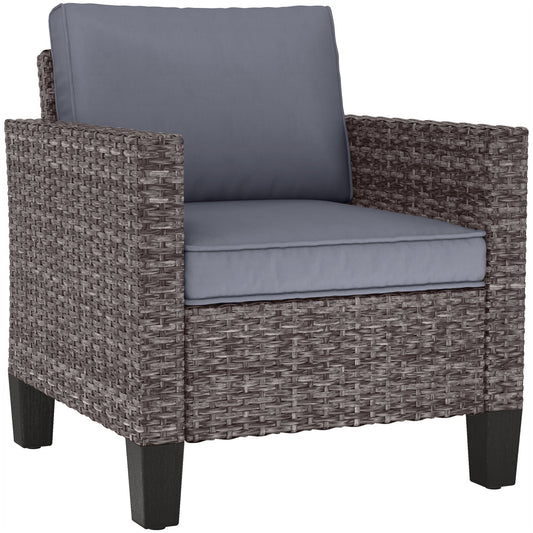 Single Seater Rattan Garden Armchair, PE Wicker Rattan Chair with Armrests and Cushions, Garden Chair with Galvanised Steel Frame for Conservatory, Porch, Dark Grey