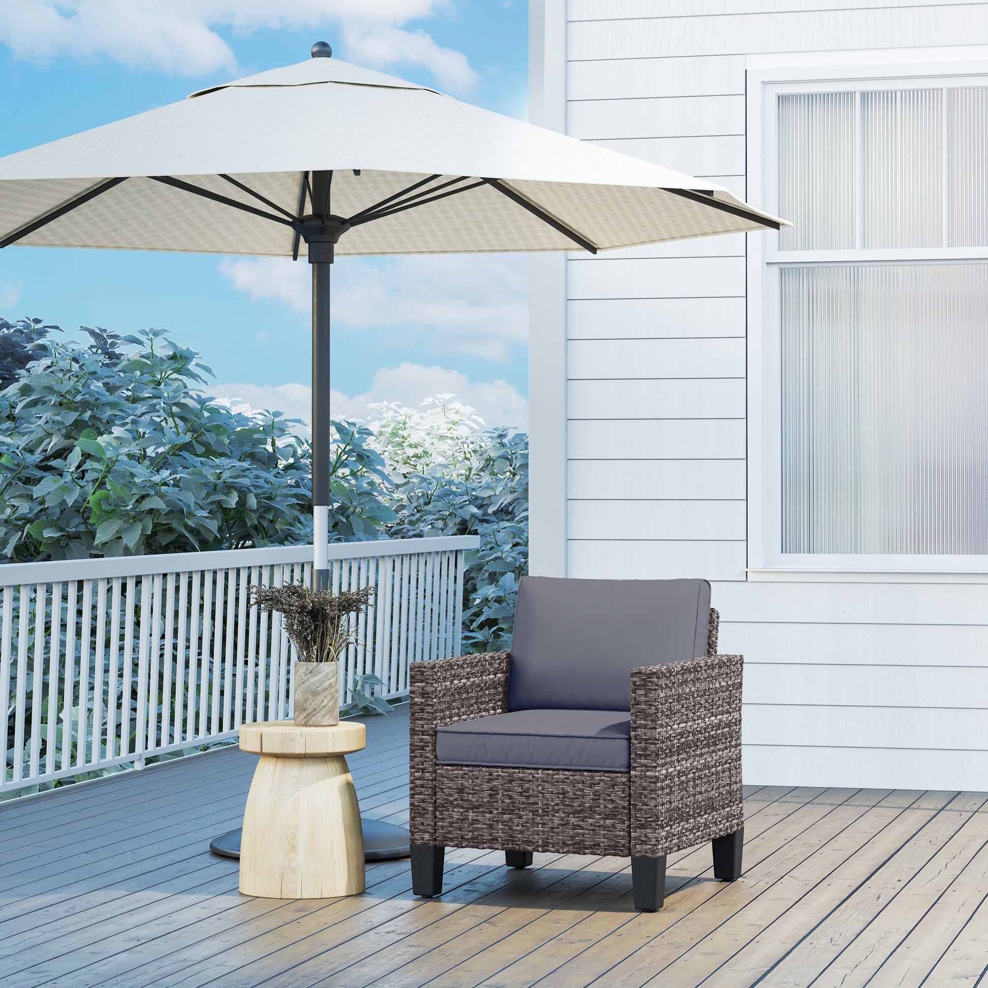 Single Seater Rattan Garden Armchair, PE Wicker Rattan Chair with Armrests and Cushions, Garden Chair with Galvanised Steel Frame for Conservatory, Porch, Dark Grey