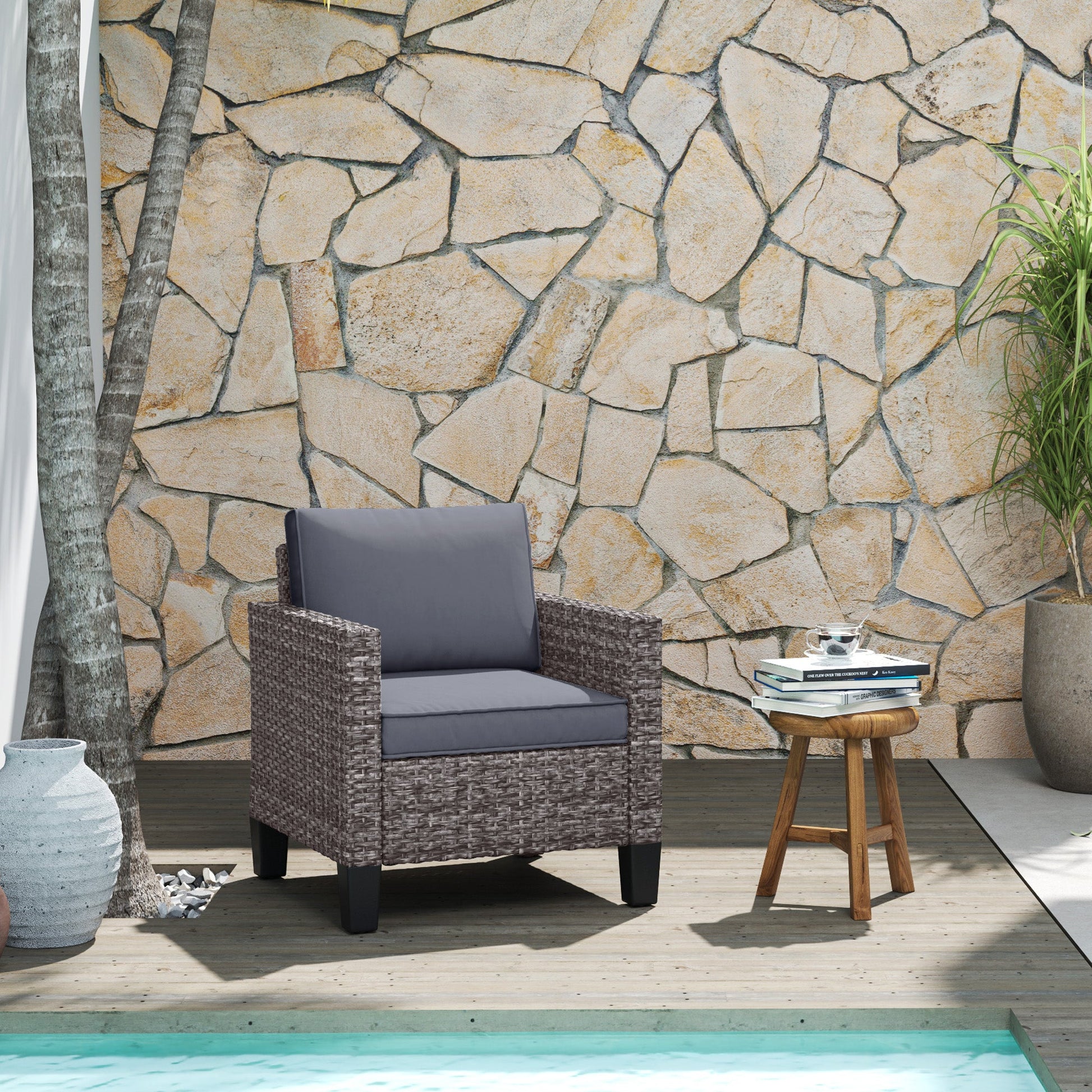 Single Seater Rattan Garden Armchair, PE Wicker Rattan Chair with Armrests and Cushions, Garden Chair with Galvanised Steel Frame for Conservatory, Porch, Dark Grey