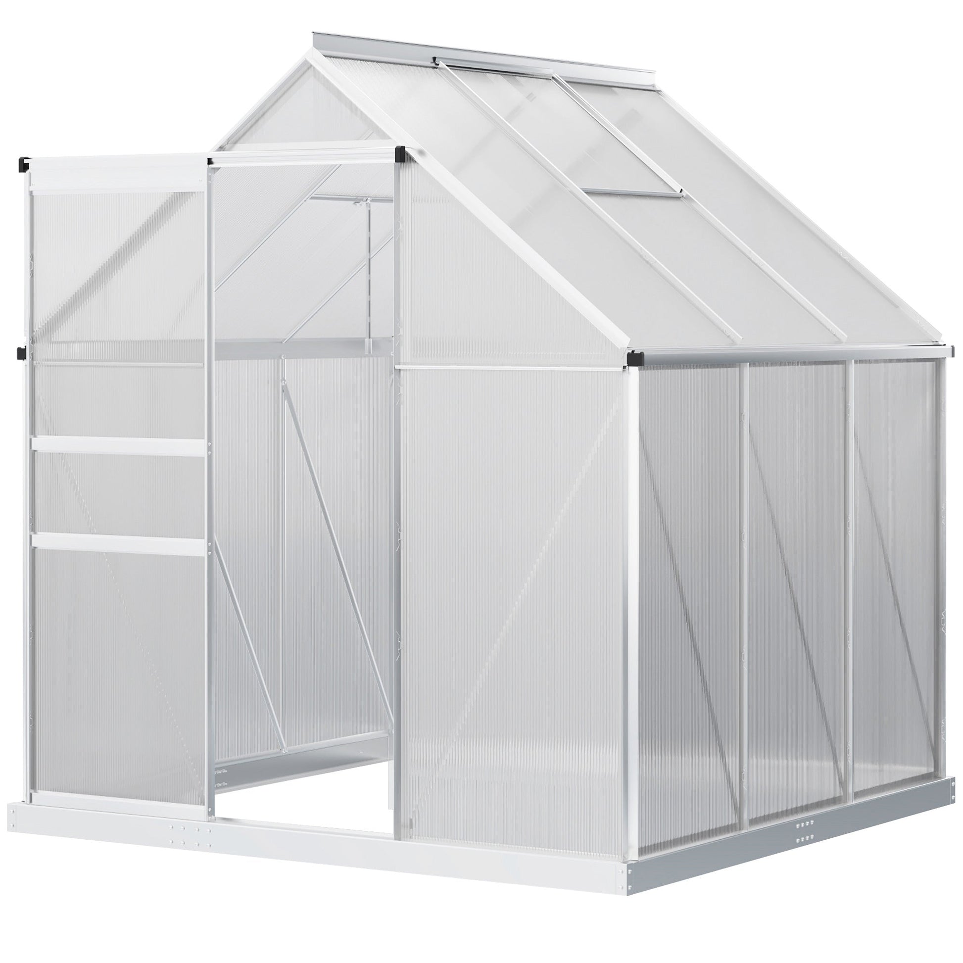 Polycarbonate Greenhouse, Small Greenhouse with Adjustable Roof Vent, Garden Green House with Galvanised Base, Sliding Door and Rain Gutter, 190 x 190 x 200 cm, Silver Tone
