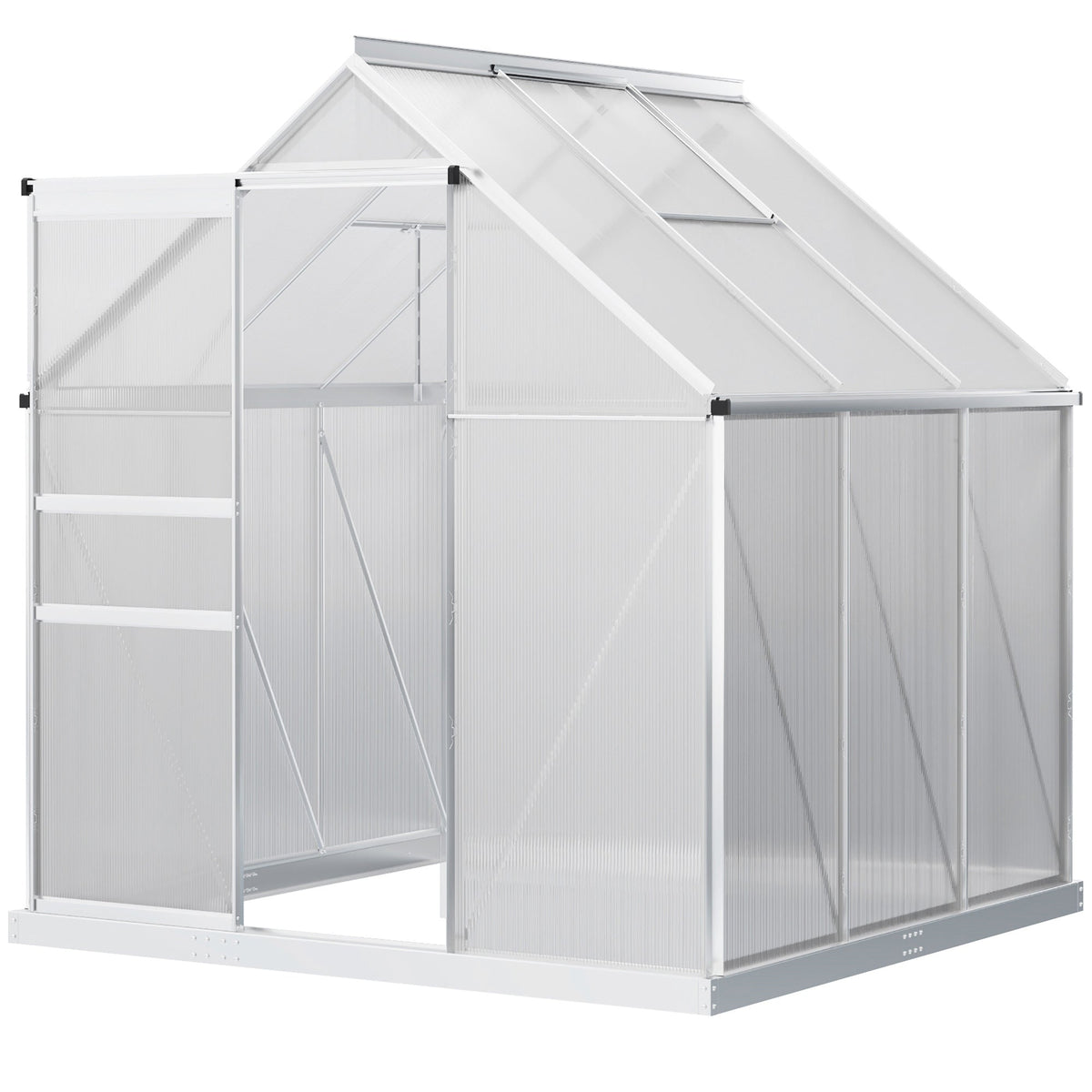 Polycarbonate Greenhouse, Small Greenhouse with Adjustable Roof Vent, Garden Green House with Galvanised Base, Sliding Door and Rain Gutter, 190 x 190 x 200 cm, Silver Tone