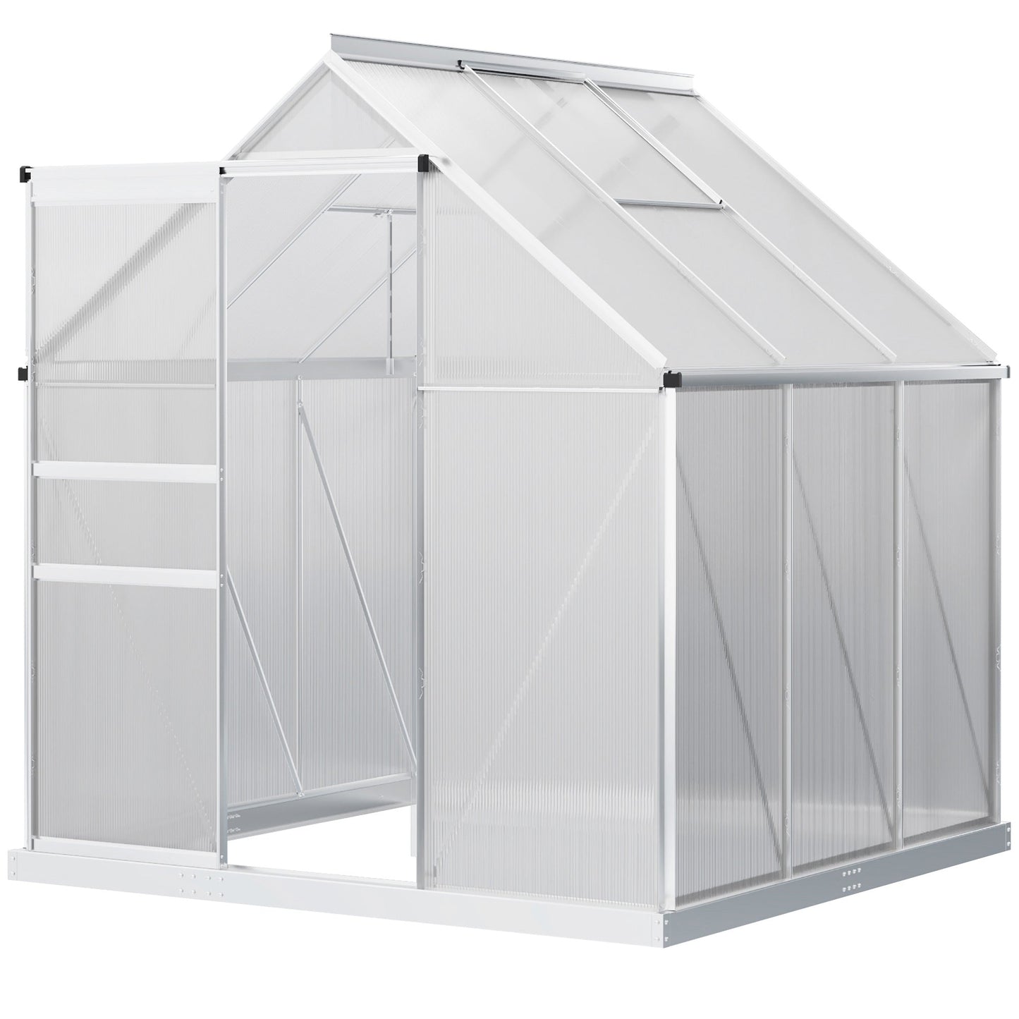 Polycarbonate Greenhouse, Small Greenhouse with Adjustable Roof Vent, Garden Green House with Galvanised Base, Sliding Door and Rain Gutter, 190 x 190 x 200 cm, Silver Tone