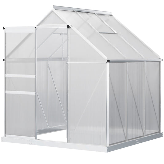 Polycarbonate Greenhouse, Small Greenhouse with Adjustable Roof Vent, Garden Green House with Galvanised Base, Sliding Door and Rain Gutter, 190 x 190 x 200 cm, Silver Tone
