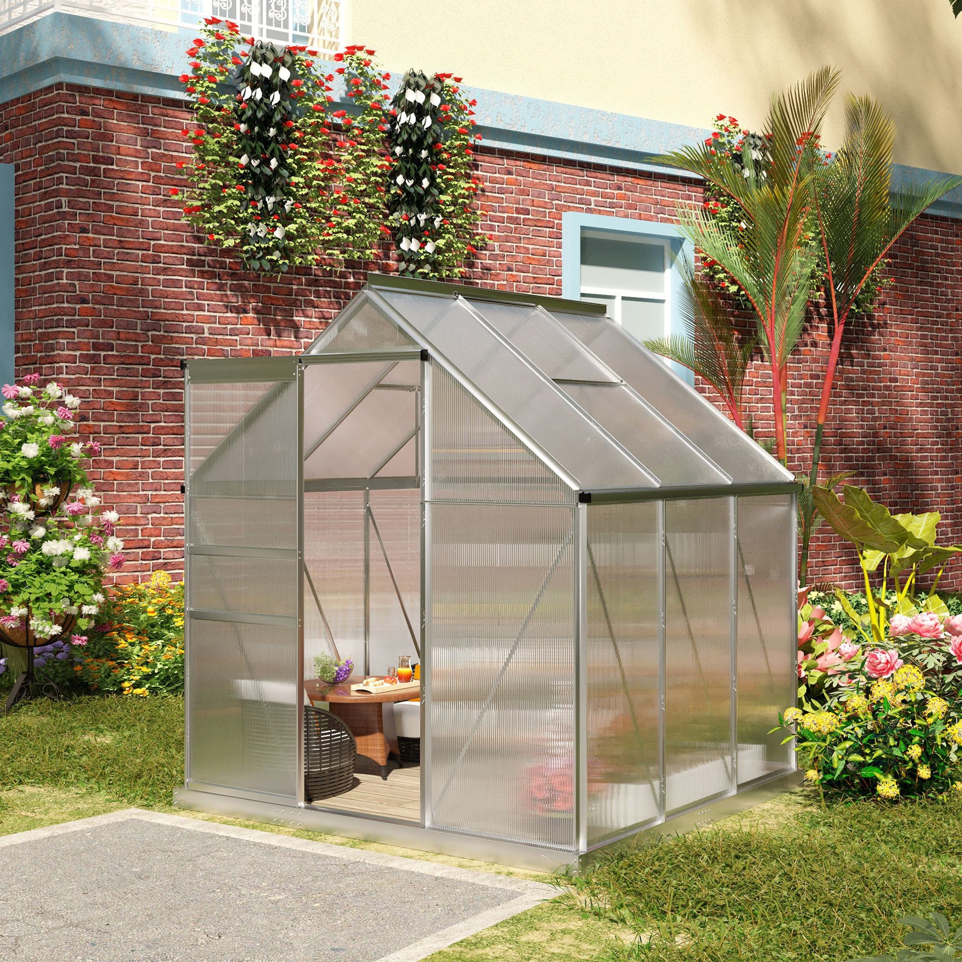Polycarbonate Greenhouse, Small Greenhouse with Adjustable Roof Vent, Garden Green House with Galvanised Base, Sliding Door and Rain Gutter, 190 x 190 x 200 cm, Silver Tone