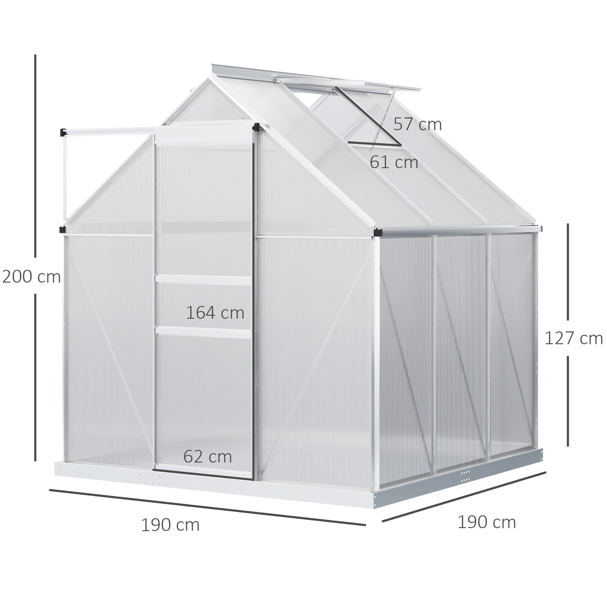 Polycarbonate Greenhouse, Small Greenhouse with Adjustable Roof Vent, Garden Green House with Galvanised Base, Sliding Door and Rain Gutter, 190 x 190 x 200 cm, Silver Tone