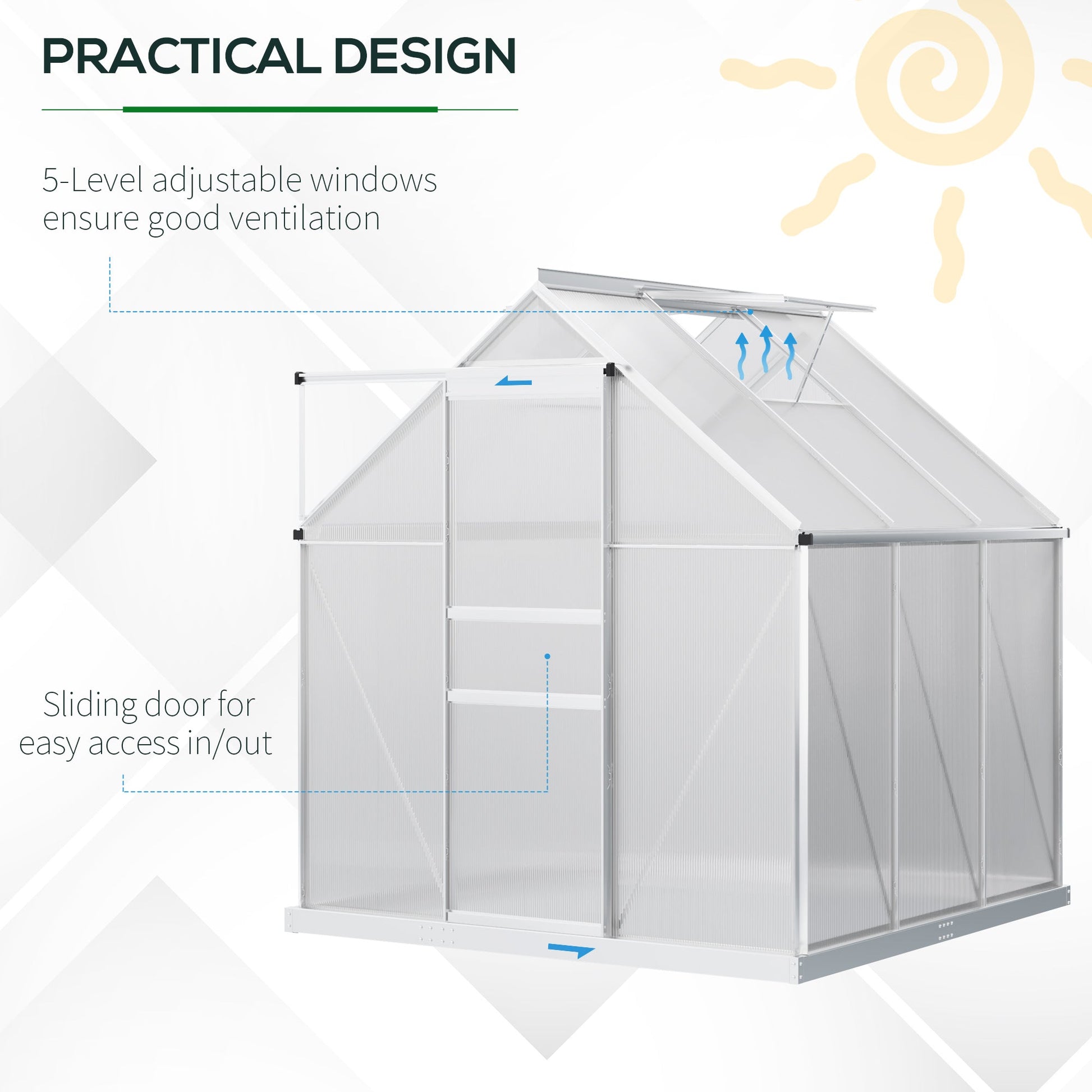 Polycarbonate Greenhouse, Small Greenhouse with Adjustable Roof Vent, Garden Green House with Galvanised Base, Sliding Door and Rain Gutter, 190 x 190 x 200 cm, Silver Tone