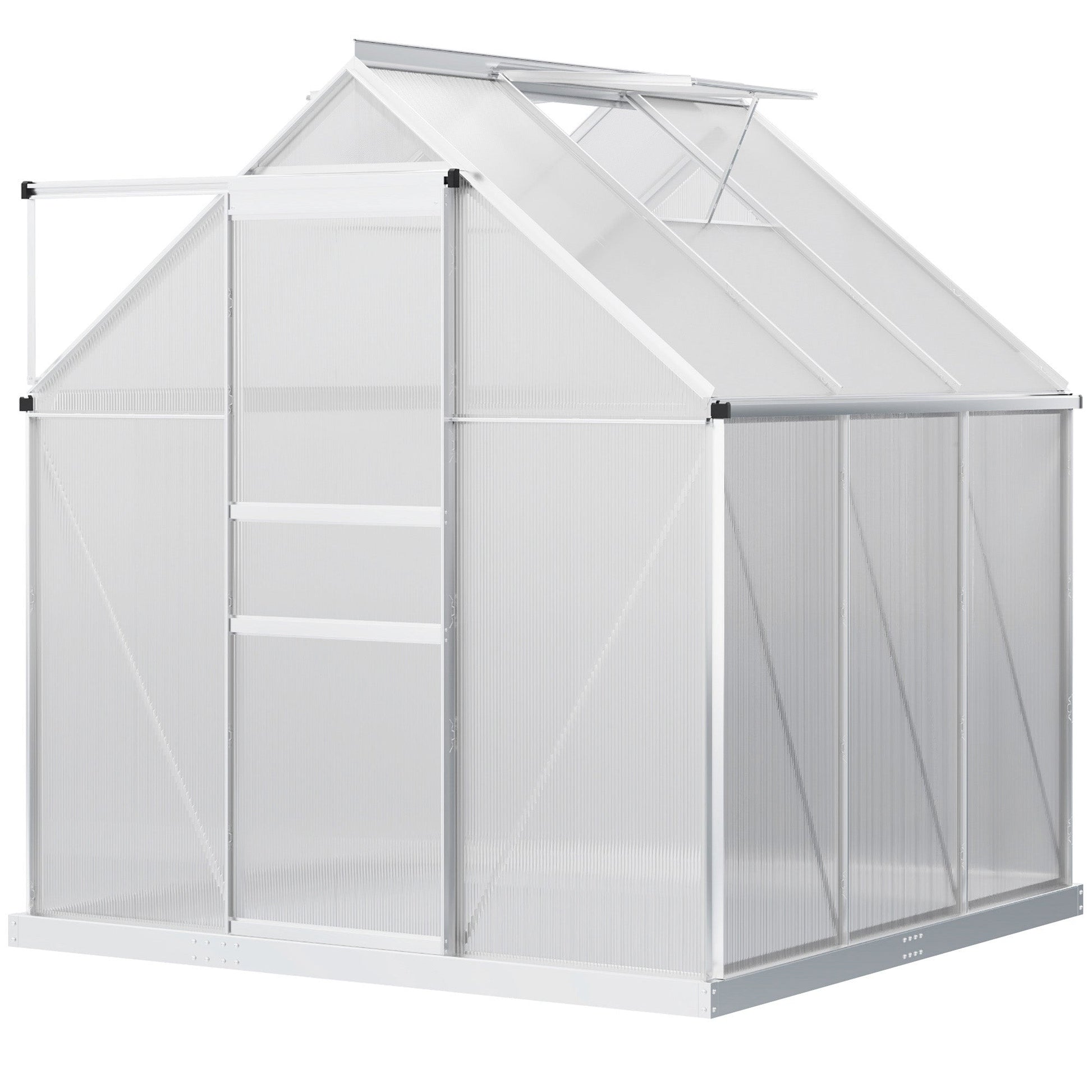 Polycarbonate Greenhouse, Small Greenhouse with Adjustable Roof Vent, Garden Green House with Galvanised Base, Sliding Door and Rain Gutter, 190 x 190 x 200 cm, Silver Tone