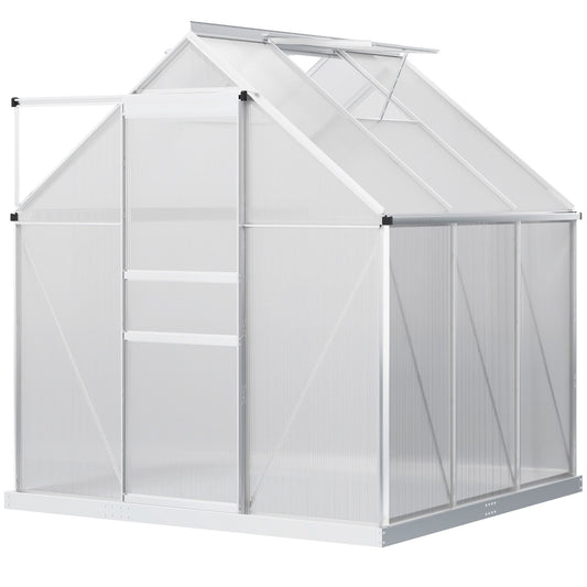 Polycarbonate Greenhouse, Small Greenhouse with Adjustable Roof Vent, Garden Green House with Galvanised Base, Sliding Door and Rain Gutter, 190 x 190 x 200 cm, Silver Tone
