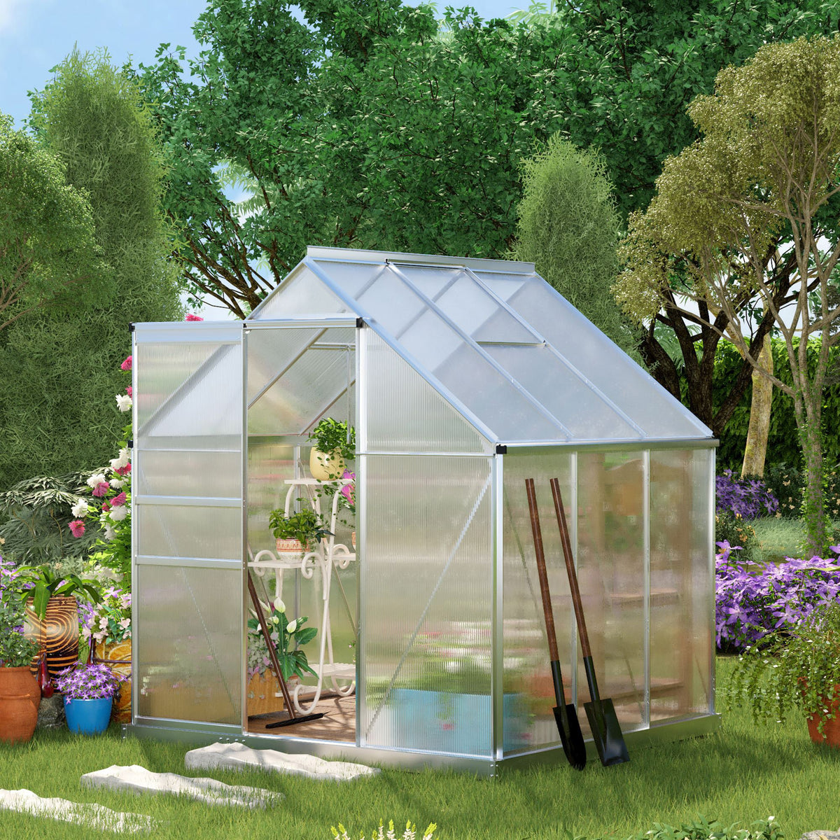 Polycarbonate Greenhouse, Small Greenhouse with Adjustable Roof Vent, Garden Green House with Galvanised Base, Sliding Door and Rain Gutter, 190 x 190 x 200 cm, Silver Tone