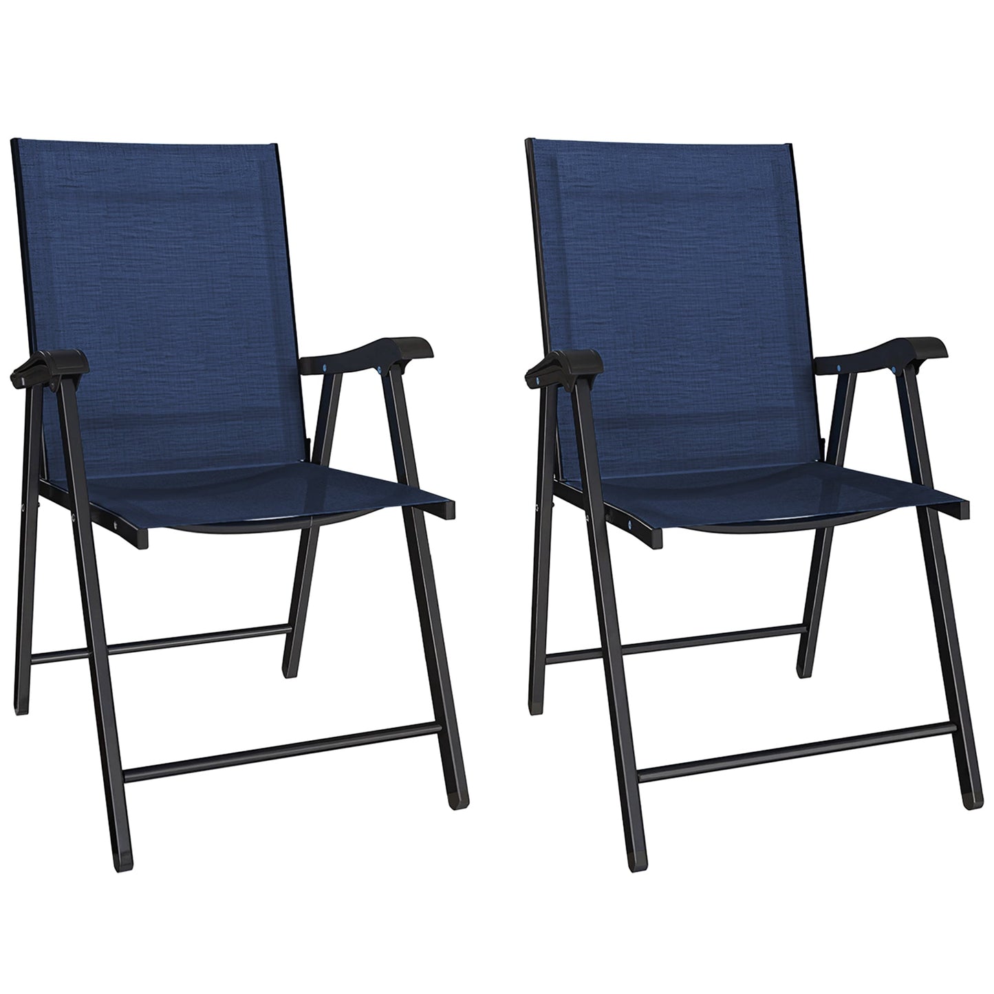 Folding Garden Chairs Set of 2, Foldable Garden Dining Chairs with High Back and Armrests, Breathable Texteline Folding Outdoor Chair Set with Metal Frame for Patio, Balcony, Navy Blue