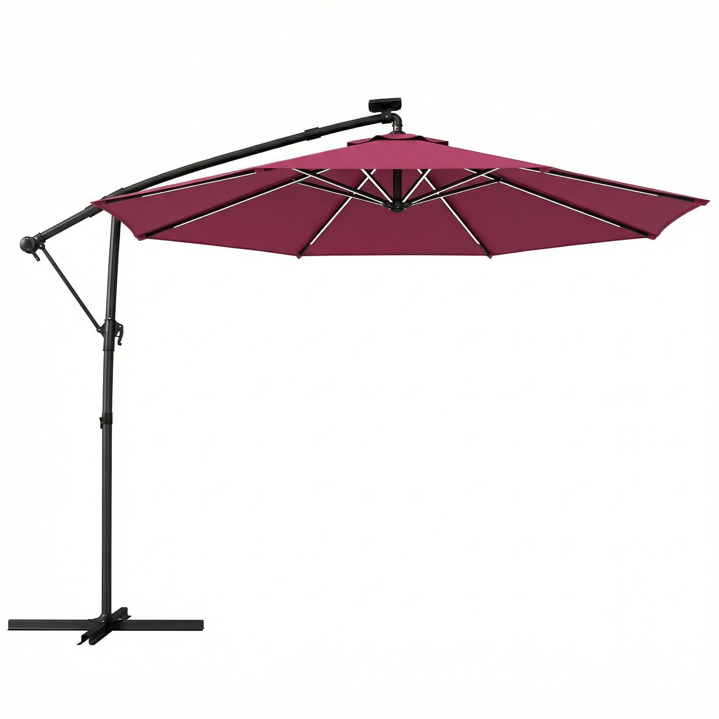 3 m Garden Cantilever Parasol with LED Solar Light, Round Overhanging Umbrella with 6-Position 360° Rotation, Crank Handle, Tilt, Cover, Banana Patio Umbrella for Outdoor Sun Shade, Wine Red