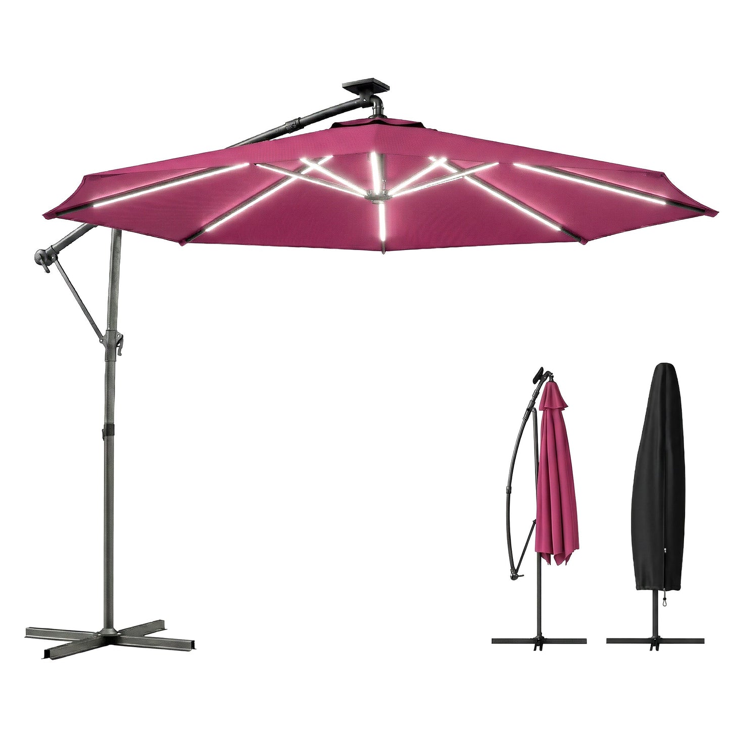 3 m Garden Cantilever Parasol with LED Solar Light, Round Overhanging Umbrella with 6-Position 360° Rotation, Crank Handle, Tilt, Cover, Banana Patio Umbrella for Outdoor Sun Shade, Wine Red
