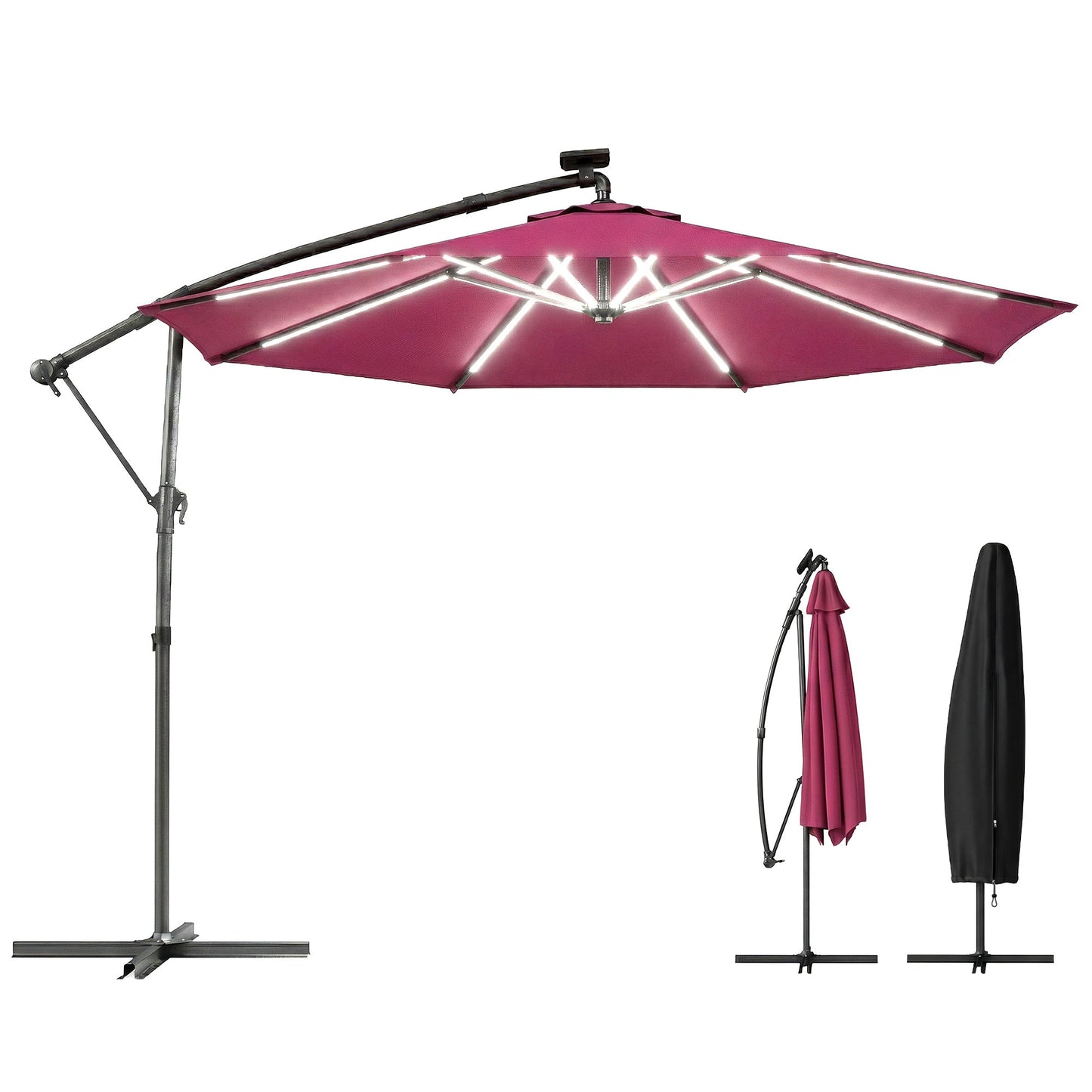 3 m Garden Cantilever Parasol with LED Solar Light, Round Overhanging Umbrella with 6-Position 360° Rotation, Crank Handle, Tilt, Cover, Banana Patio Umbrella for Outdoor Sun Shade, Wine Red