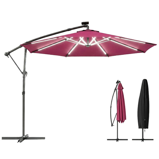 3 m Garden Cantilever Parasol with LED Solar Light, Round Overhanging Umbrella with 6-Position 360° Rotation, Crank Handle, Tilt, Cover, Banana Patio Umbrella for Outdoor Sun Shade, Wine Red