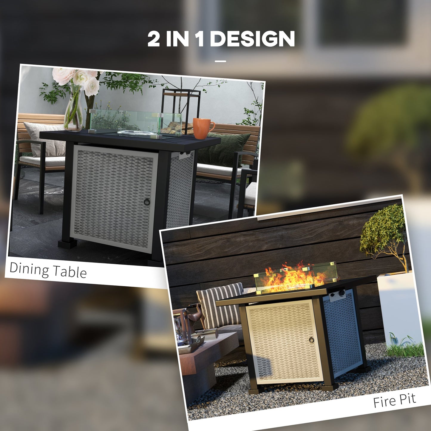Square Propane Gas Fire Pit Table, 50000 BTU Rattan Smokeless Firepit Patio Heater with Glass Screen, Glass Beads and Lid, 81cm x 81cm x 64cm, Grey