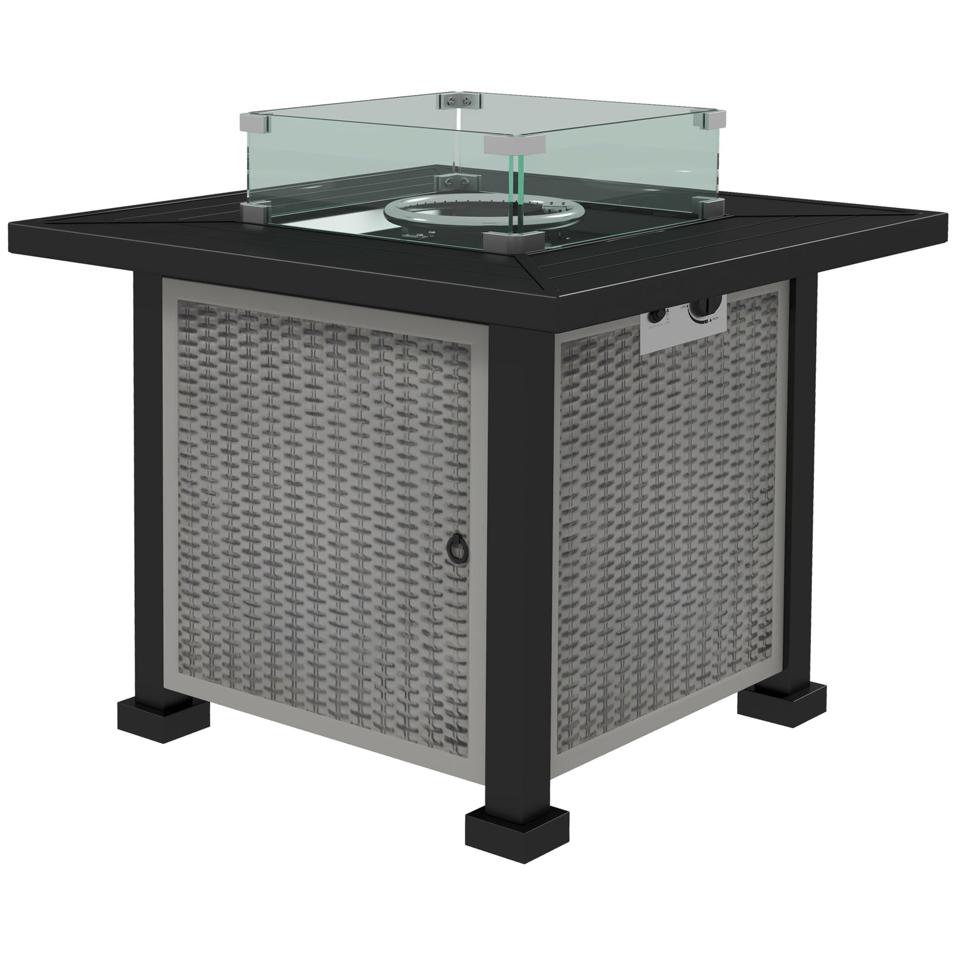 Square Propane Gas Fire Pit Table, 50000 BTU Rattan Smokeless Firepit Patio Heater with Glass Screen, Glass Beads and Lid, 81cm x 81cm x 64cm, Grey