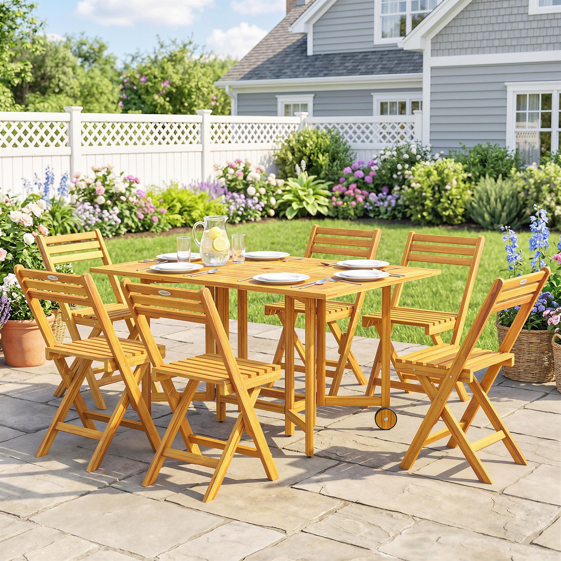7 Pieces Garden Dining Set, Extending Dining Table and 6 Folding Chairs with Umbrella Hole, Garden Furniture Set with FSC-Certified Acacia Wood for Patio, Natural Wood