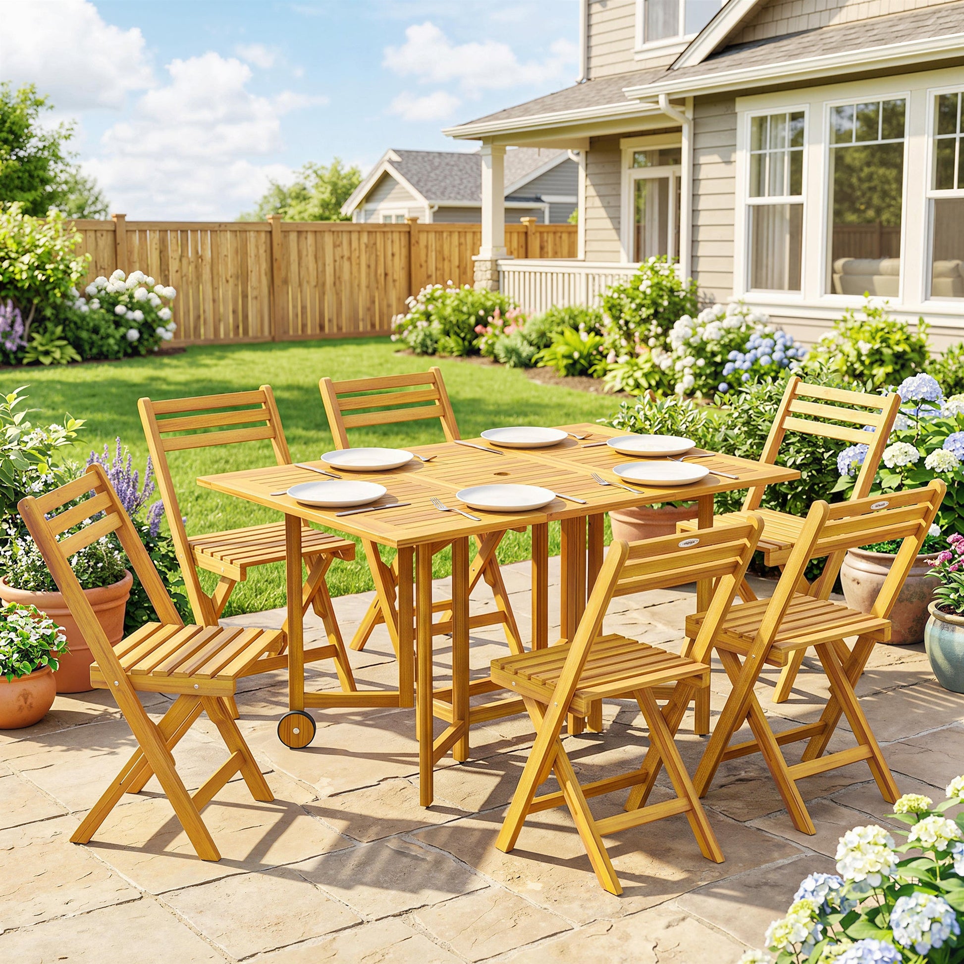 7 Pieces Garden Dining Set, Extending Dining Table and 6 Folding Chairs with Umbrella Hole, Garden Furniture Set with FSC-Certified Acacia Wood for Patio, Natural Wood