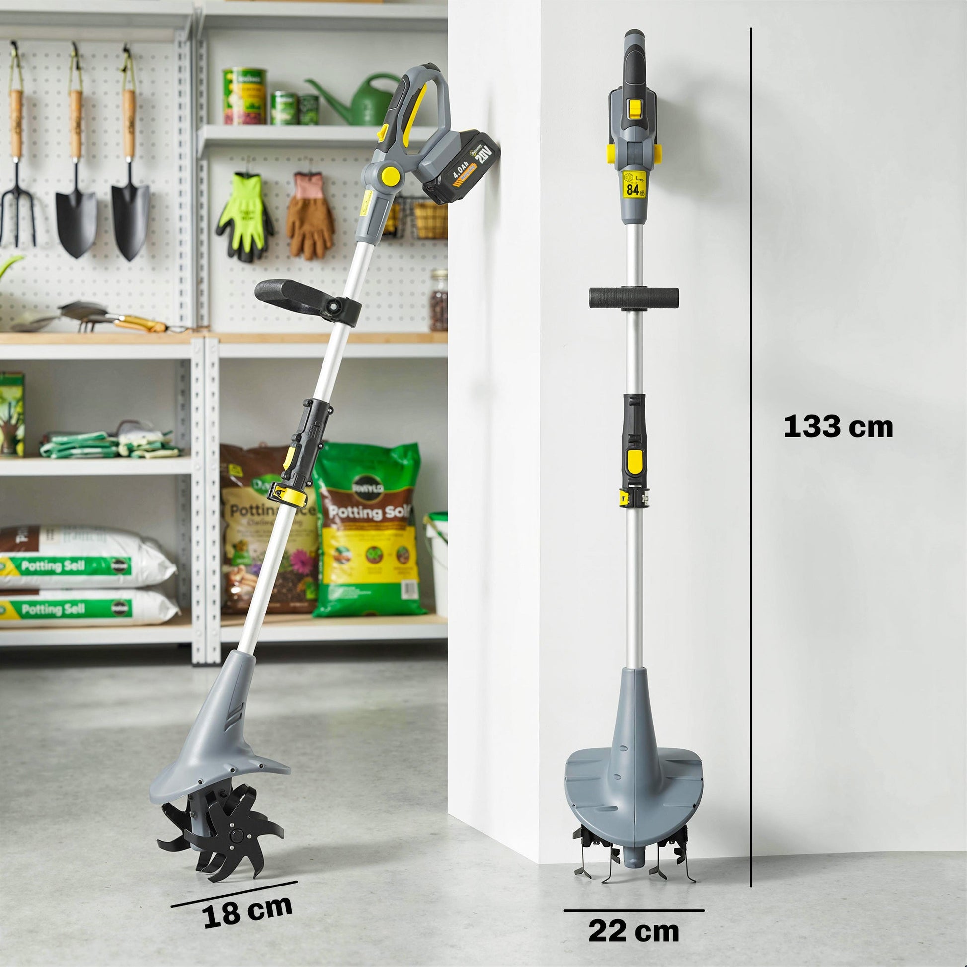 Cordless Tiller, 18V Electric Garden Rotavator with 2 x 4000mAh Batteries, Charger, 20cm Tilling Width & 18cm Depth, 4 Blades, Aluminium Shaft, Adjustable Handle for Weeding, Loosening Soil