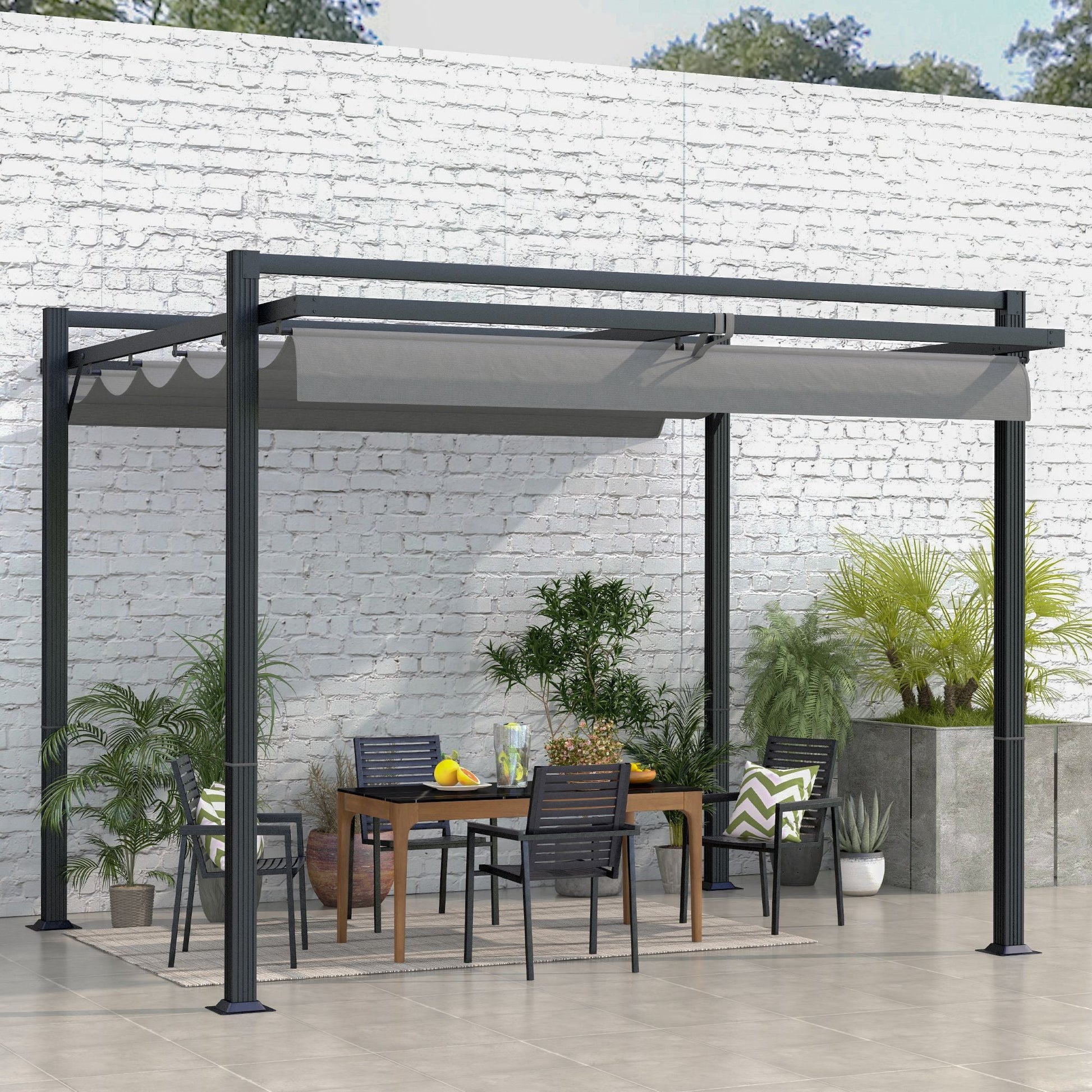 3 x 3(m) Pergola with Retractable Roof Canopy, Aluminium Frame Garden Gazebo Outdoor Sun Shade Shelter for Grill, Patio, Deck, Dark Grey