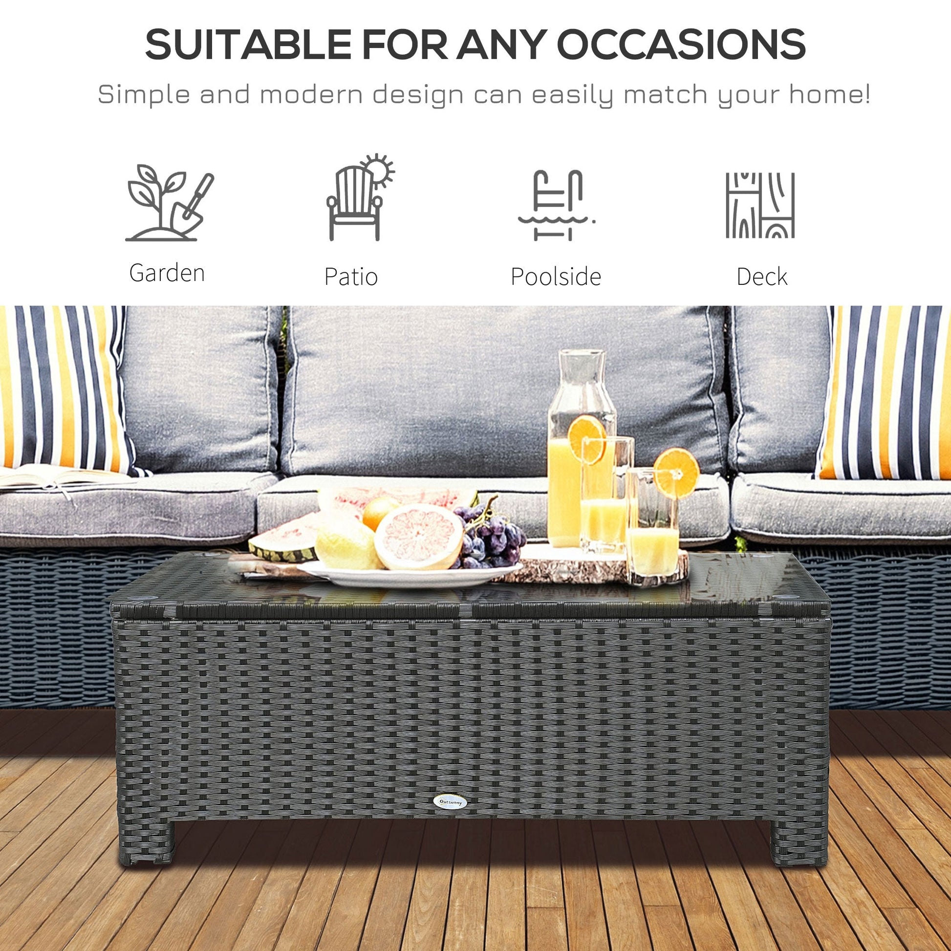PE Rattan Coffee Table, Rectangular Outdoor Coffee Table with Tempered Glass Top, 70 KG Capacity for Garden, Balcony, Terrace, Patio, Black