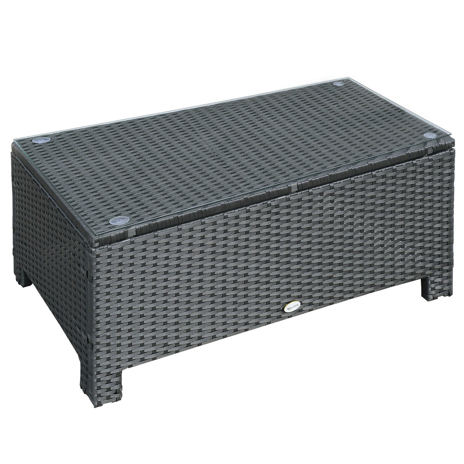 PE Rattan Coffee Table, Rectangular Outdoor Coffee Table with Tempered Glass Top, 70 KG Capacity for Garden, Balcony, Terrace, Patio, Black