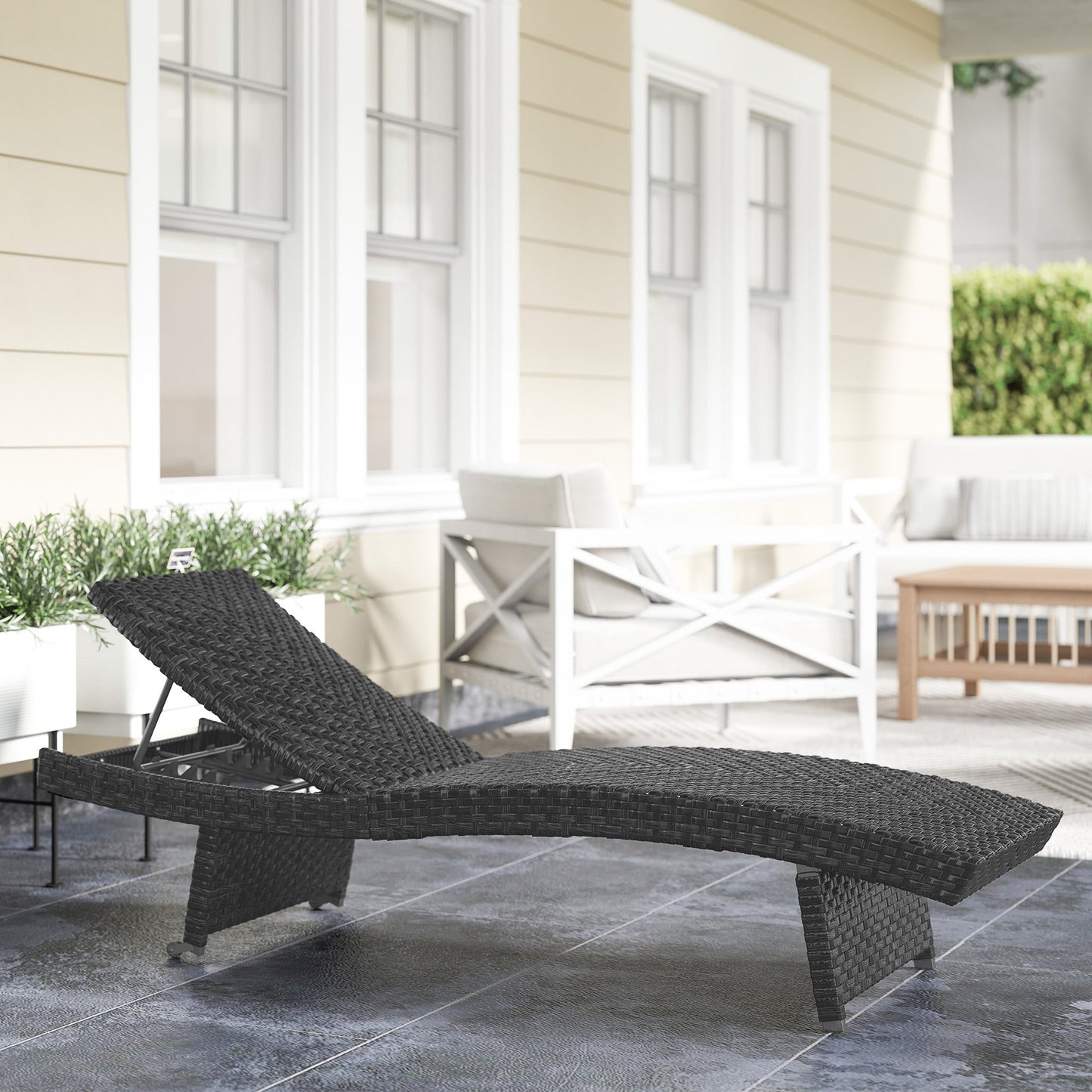 Outdoor PE Rattan Sun Lounger, Folding Wicker Garden Lounger Recliner with 4-Level Adjustable Backrest, Rolling Sunbed Lounge Chair with Wheels, Non-Slip Legs for Balcony, Beach, Black