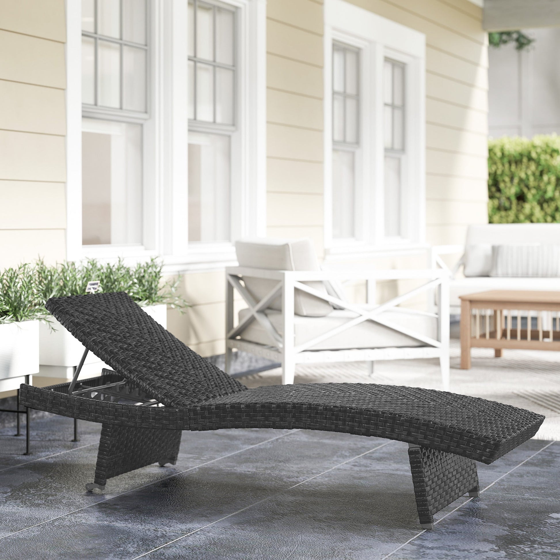 Outdoor PE Rattan Sun Lounger, Folding Wicker Garden Lounger Recliner with 4-Level Adjustable Backrest, Rolling Sunbed Lounge Chair with Wheels, Non-Slip Legs for Balcony, Beach, Black