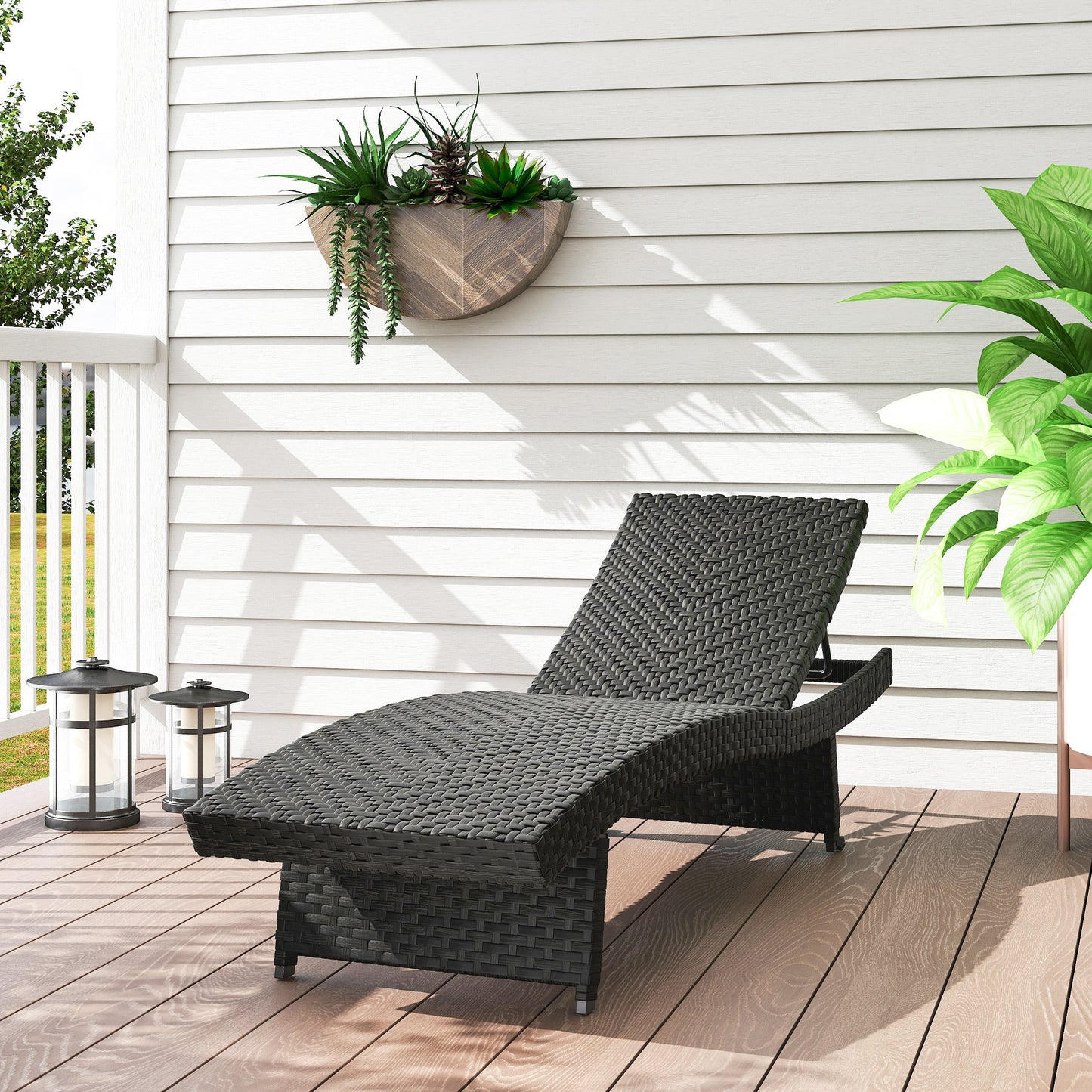 Outdoor PE Rattan Sun Lounger, Folding Wicker Garden Lounger Recliner with 4-Level Adjustable Backrest, Rolling Sunbed Lounge Chair with Wheels, Non-Slip Legs for Balcony, Beach, Black