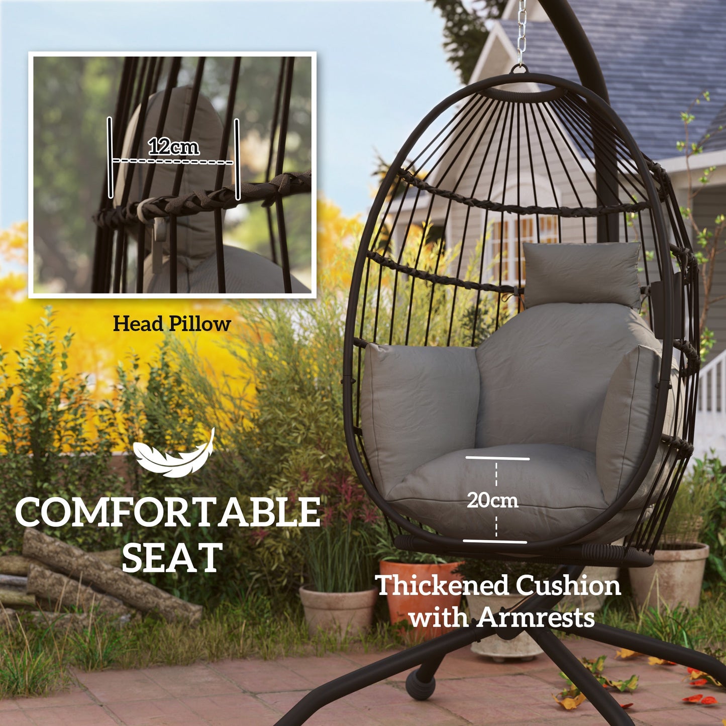 Hanging Egg Chair Outdoor Indoor Garden Swing Chair with Folding Basket and Thickened Cushion, Garden Hanging Chair with Stand, Headrest, Cup Holder for Patio, Balcony, Dark Grey