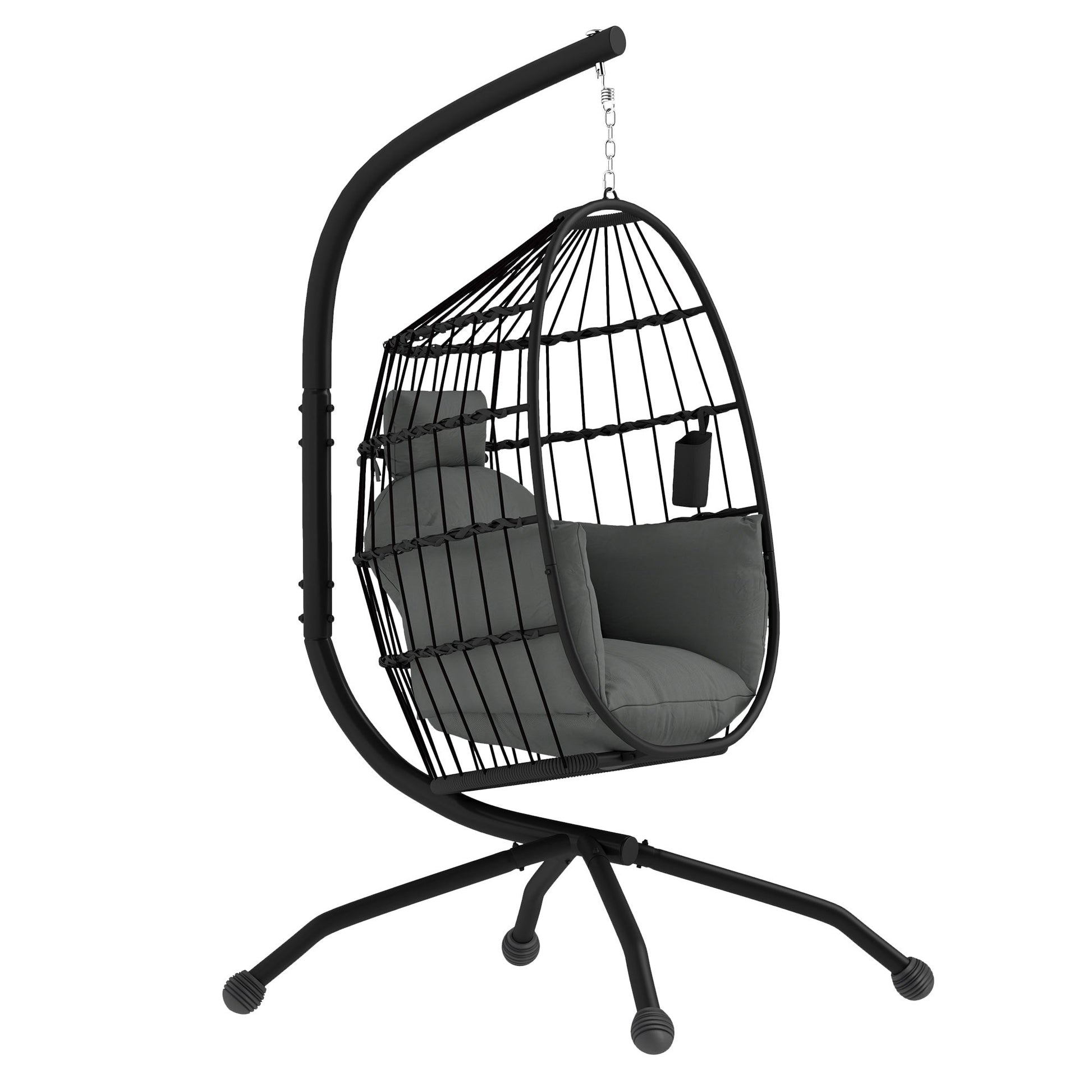 Hanging Egg Chair Outdoor Indoor Garden Swing Chair with Folding Basket and Thickened Cushion, Garden Hanging Chair with Stand, Headrest, Cup Holder for Patio, Balcony, Dark Grey