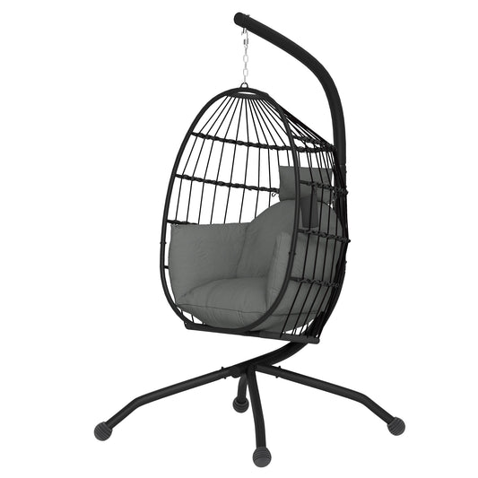 Hanging Egg Chair Outdoor Indoor Garden Swing Chair with Folding Basket and Thickened Cushion, Garden Hanging Chair with Stand, Headrest, Cup Holder for Patio, Balcony, Dark Grey