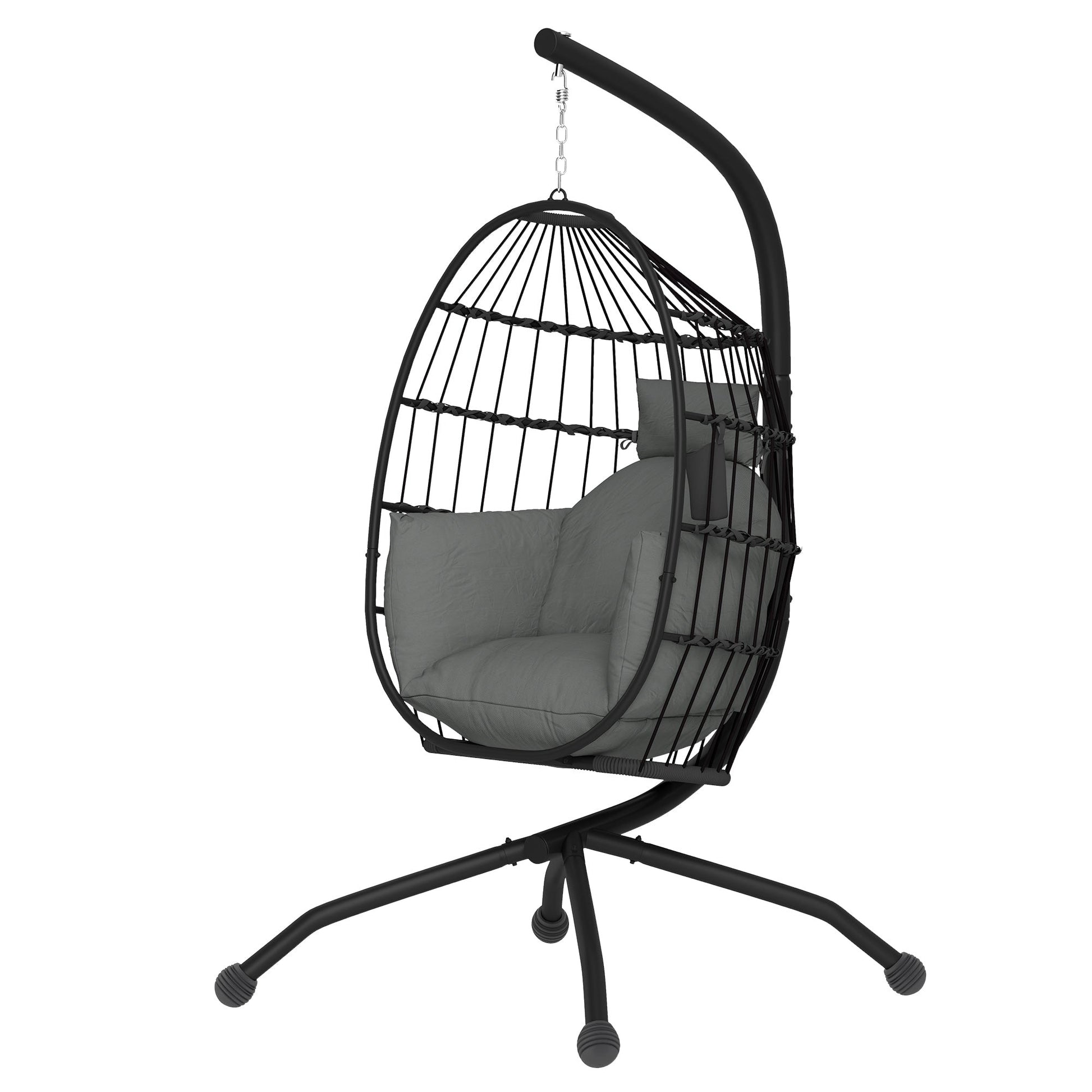 Hanging Egg Chair Outdoor Indoor Garden Swing Chair with Folding Basket and Thickened Cushion, Garden Hanging Chair with Stand, Headrest, Cup Holder for Patio, Balcony, Dark Grey