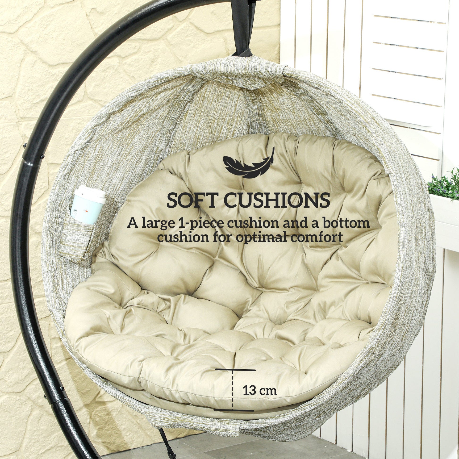 Hanging Egg Chair Outdoor Indoor Garden Swing Chair with Folding Basket, Garden Hanging Chair with Stand, Thickened Cushion, Cup Holder for Patio, Balcony, Khaki
