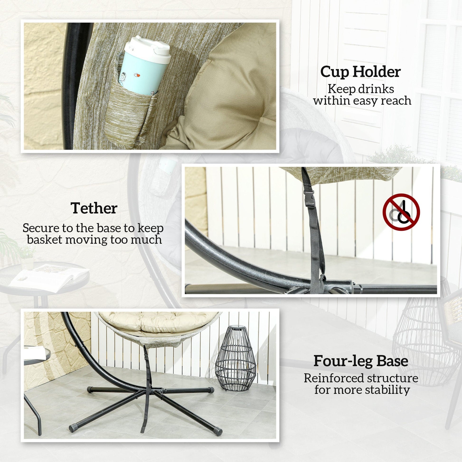Hanging Egg Chair Outdoor Indoor Garden Swing Chair with Folding Basket, Garden Hanging Chair with Stand, Thickened Cushion, Cup Holder for Patio, Balcony, Khaki