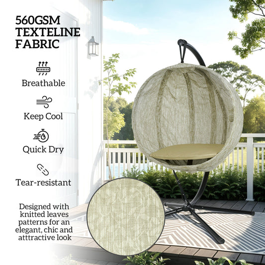 Hanging Egg Chair Outdoor Indoor Garden Swing Chair with Folding Basket, Garden Hanging Chair with Stand, Thickened Cushion, Cup Holder for Patio, Balcony, Khaki