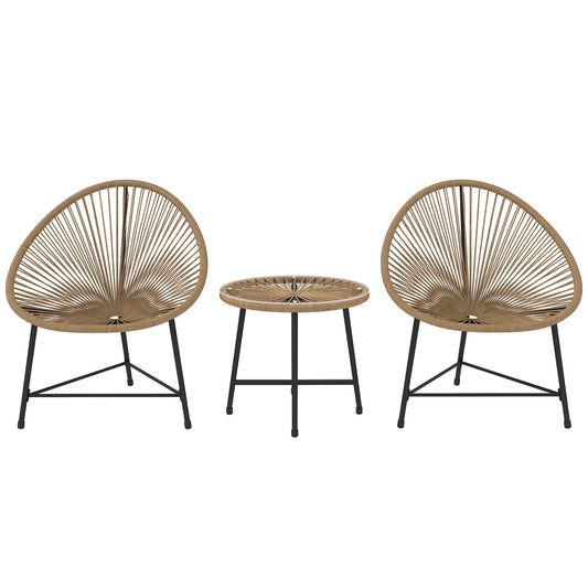 3 Pieces Rattan Bistro Set, Garden Bistro Set with Acapulco Chairs and Glass Top Table, Small Garden Furniture Set with Reinforced Metal Frame for Outdoor, Patio, Balcony, Natural