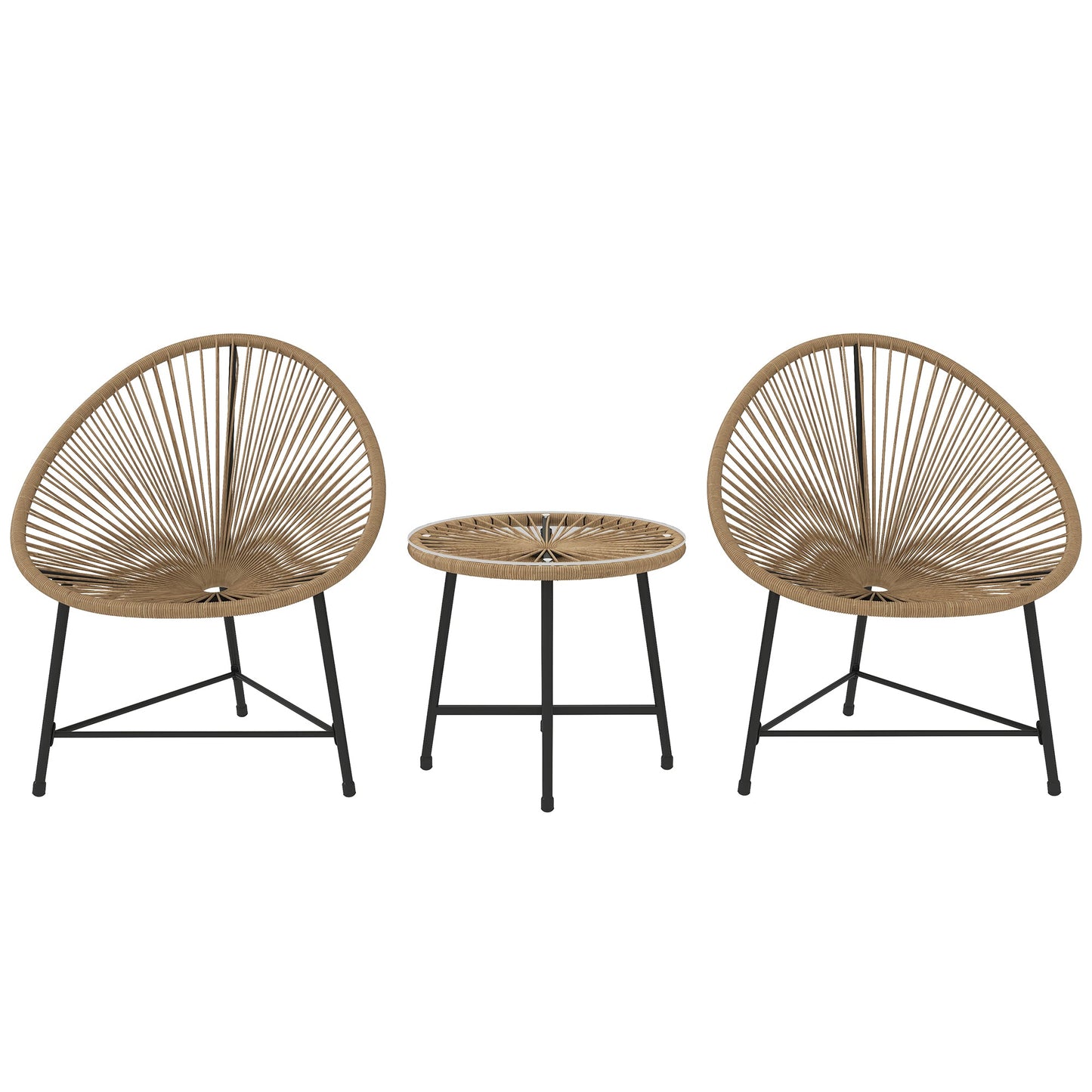 3 Pieces Rattan Bistro Set, Garden Bistro Set with Acapulco Chairs and Glass Top Table, Small Garden Furniture Set with Reinforced Metal Frame for Outdoor, Patio, Balcony, Natural