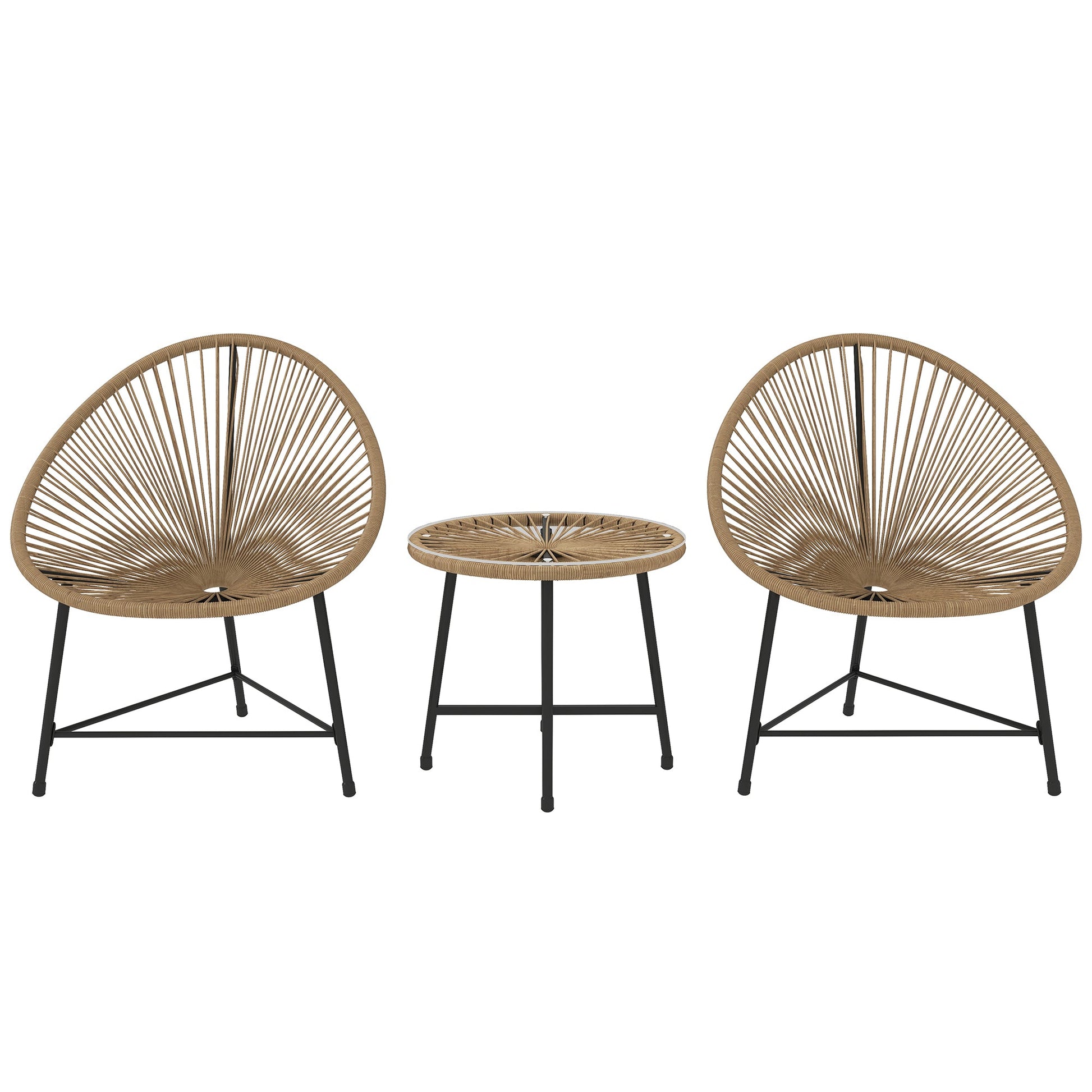 3 Pieces Rattan Bistro Set, Garden Bistro Set with Acapulco Chairs and Glass Top Table, Small Garden Furniture Set with Reinforced Metal Frame for Outdoor, Patio, Balcony, Natural