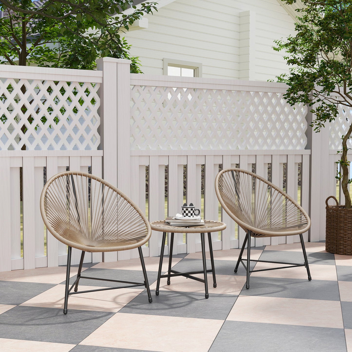 3 Pieces Rattan Bistro Set, Garden Bistro Set with Acapulco Chairs and Glass Top Table, Small Garden Furniture Set with Reinforced Metal Frame for Outdoor, Patio, Balcony, Natural
