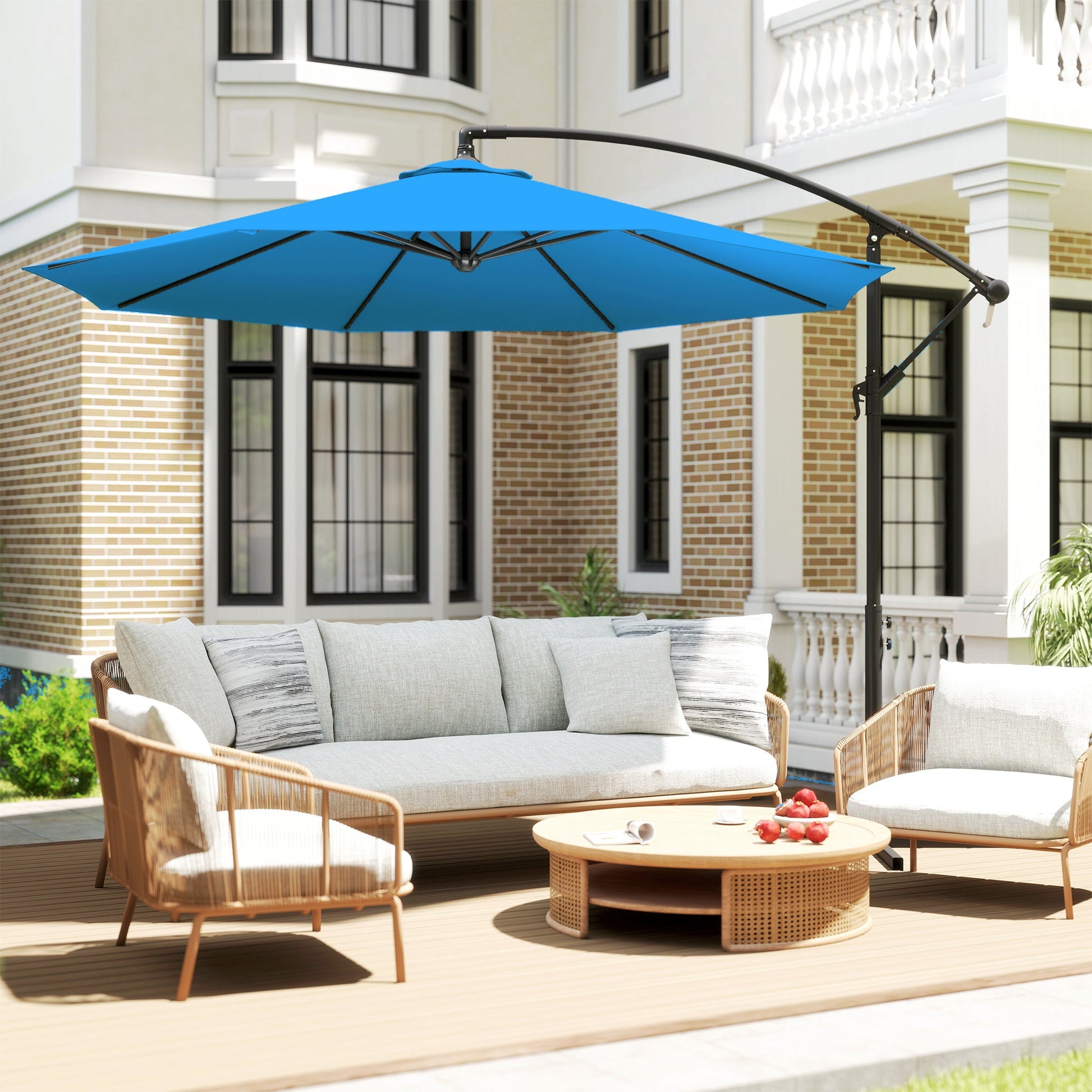 3 m Cantilever Parasol with Cross Base, Offset Outdoor Umbrella, Crank Handle, Hanging Sun Shade, Blue