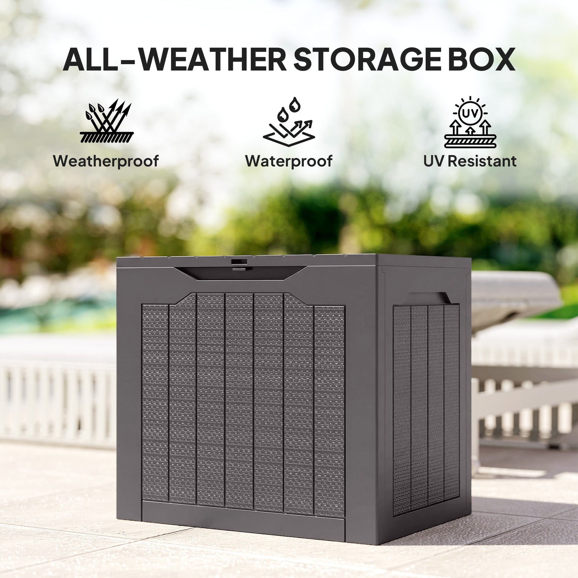 93L Plastic Garden Storage Box, Outdoor Storage Box with Handles, Waterproof Outdoor Storage Container for Garden Tools and Accessories, Brown