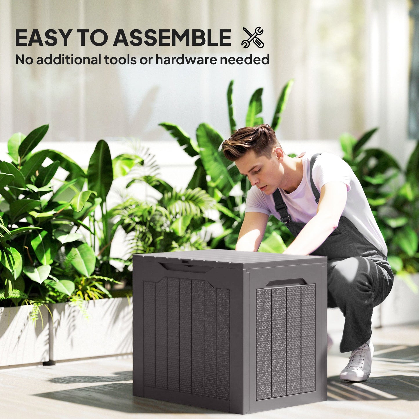 93L Plastic Garden Storage Box, Outdoor Storage Box with Handles, Waterproof Outdoor Storage Container for Garden Tools and Accessories, Brown